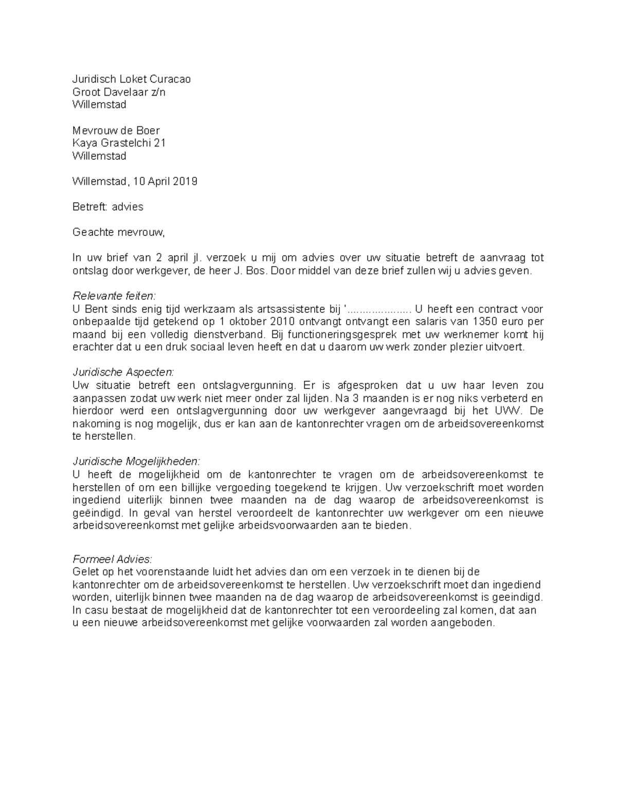 Advies Rapport Ontslag  Juridisch Loket Curacao Groot Davelaar z/n