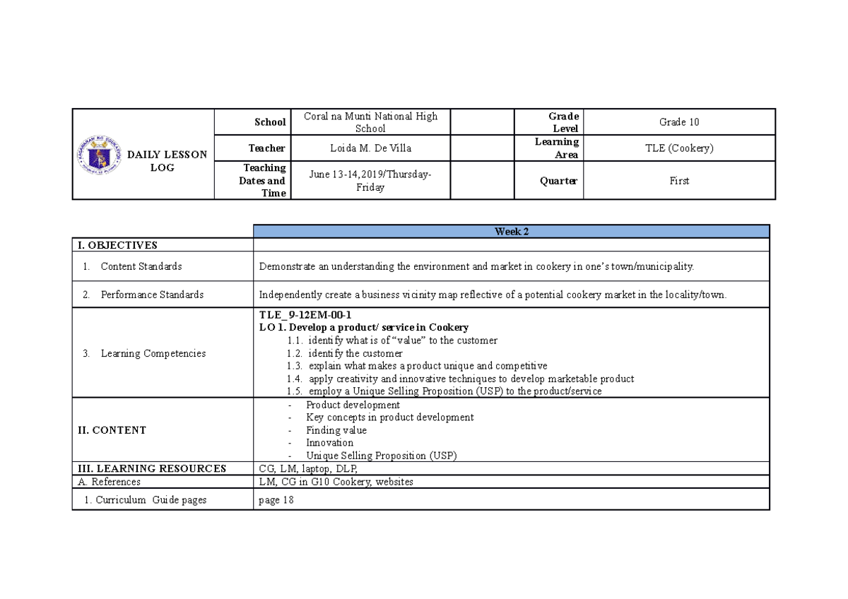 DLL-Cookery-Day 4 - asdasdas - DAILY LESSON LOG School Coral na Munti ...