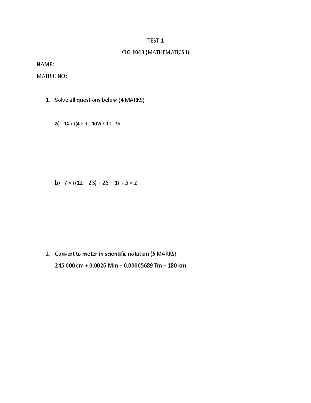 TEST 1 - TEST - Mathematical Analysis - TEST 1 CIG 1043 (MATHEMATICS I ...