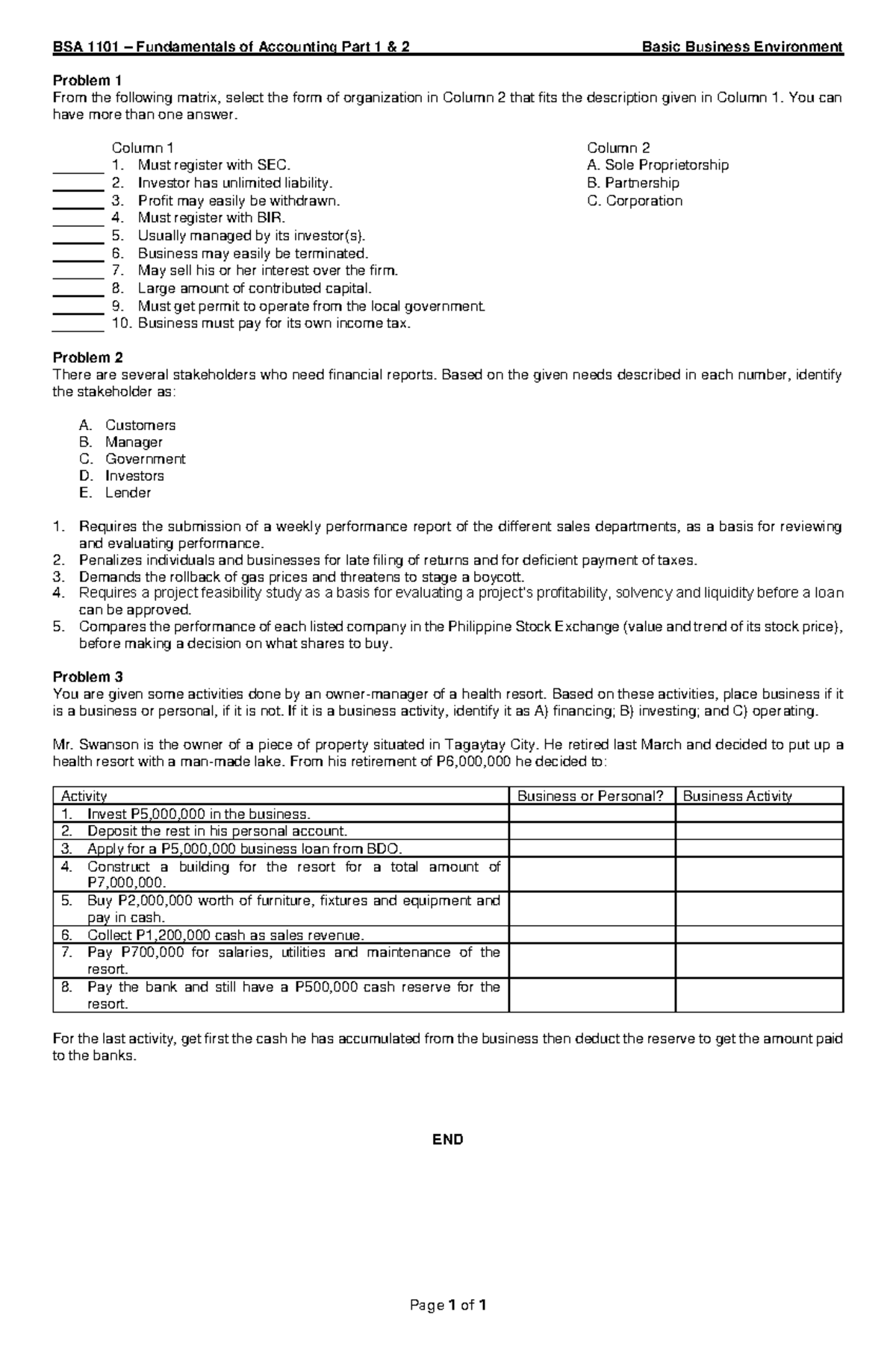 HW01 BSA 1101 011920 - Under accounting 1 and 2 - BSA 1101 ...