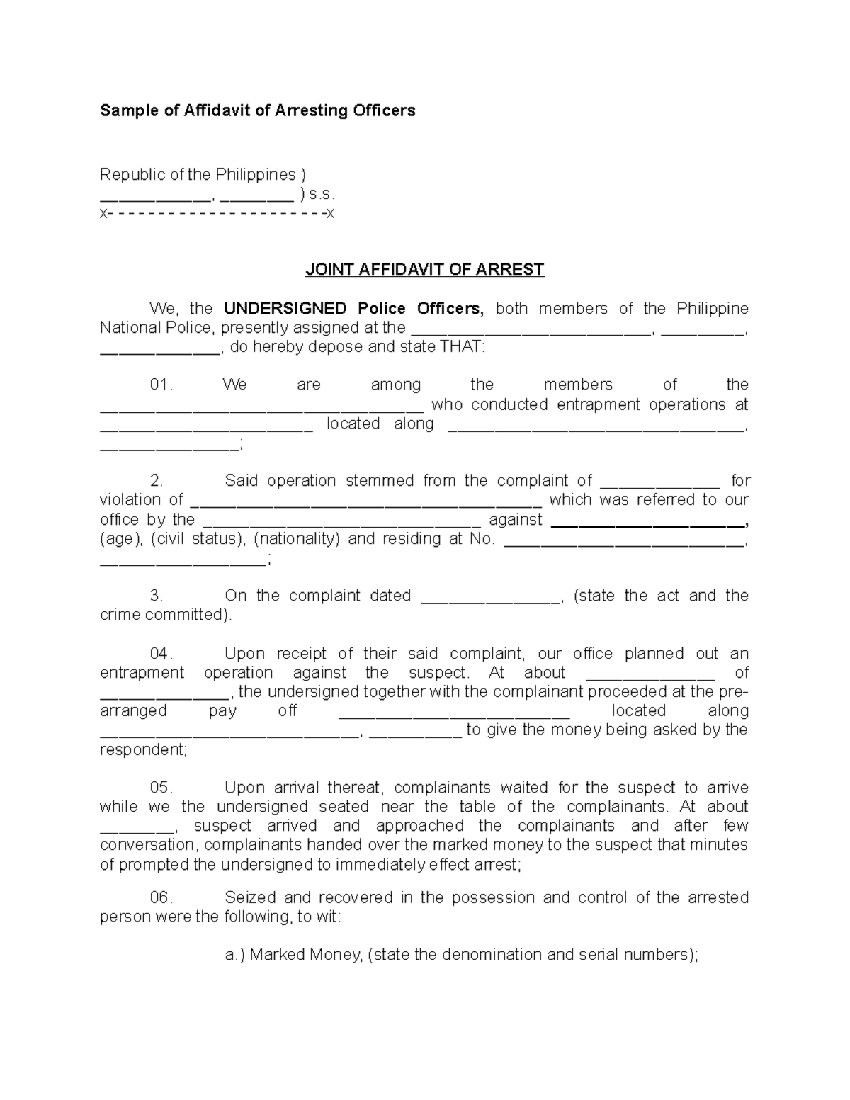 Sample of Affidavit of Arresting Officers - x-x JOINT AFFIDAVIT OF ...