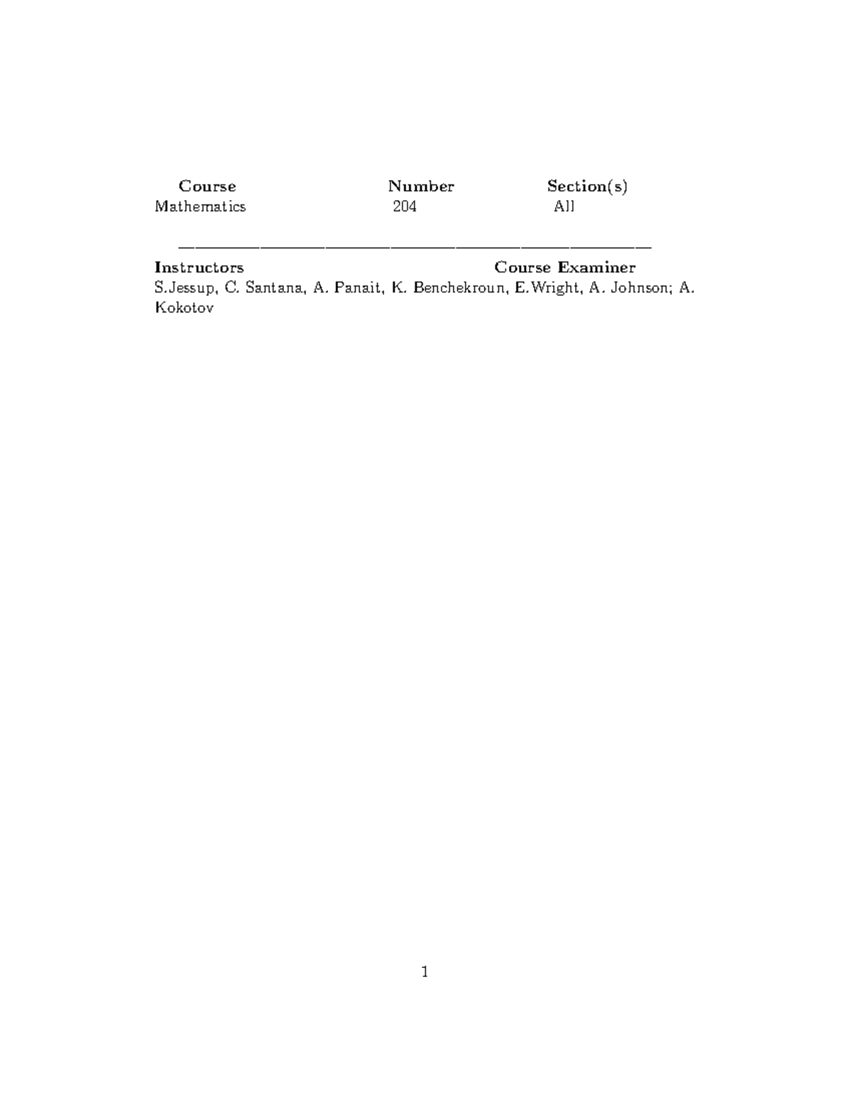 Sample Final 2 - Exam - Course Number Section(s) Mathematics 204 All