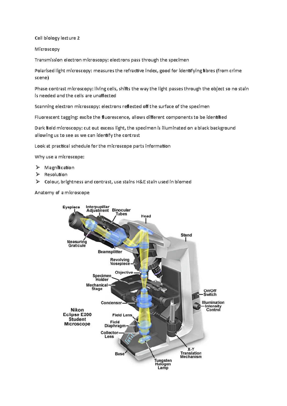 Cell Biology Lecture 2 - Notes - Cell Biology Lecture 2 Microscopy ...