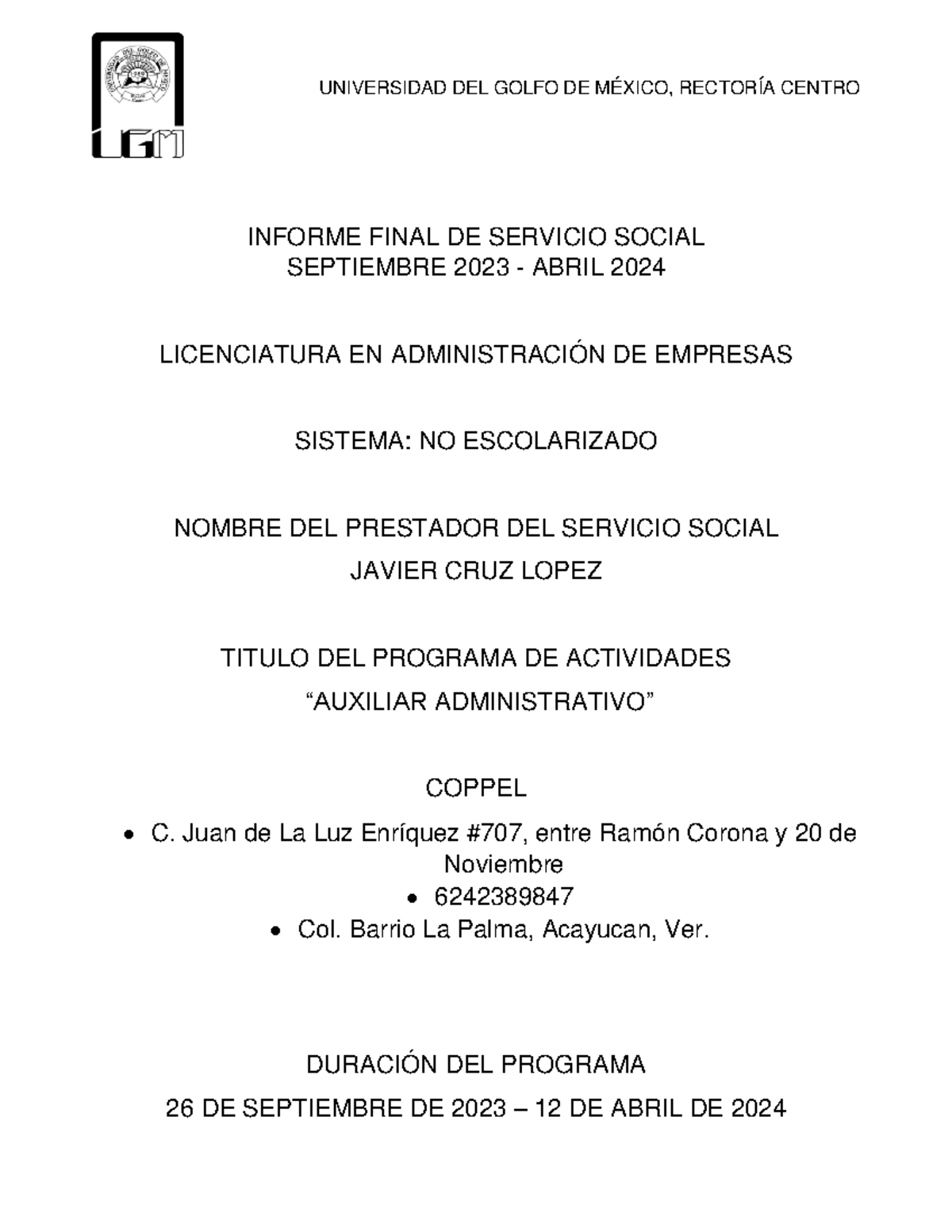 Reporte Final Servicio Social-1 - INFORME FINAL DE SERVICIO SOCIAL ...