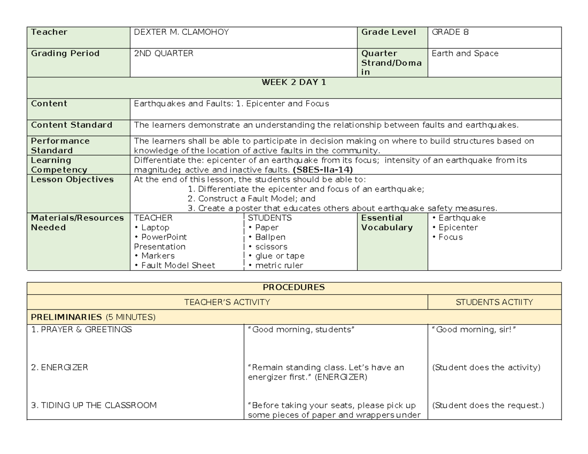 7E Lesson PLAN - Week 2 - Day 1 - Teacher DEXTER M. CLAMOHOY Grade ...
