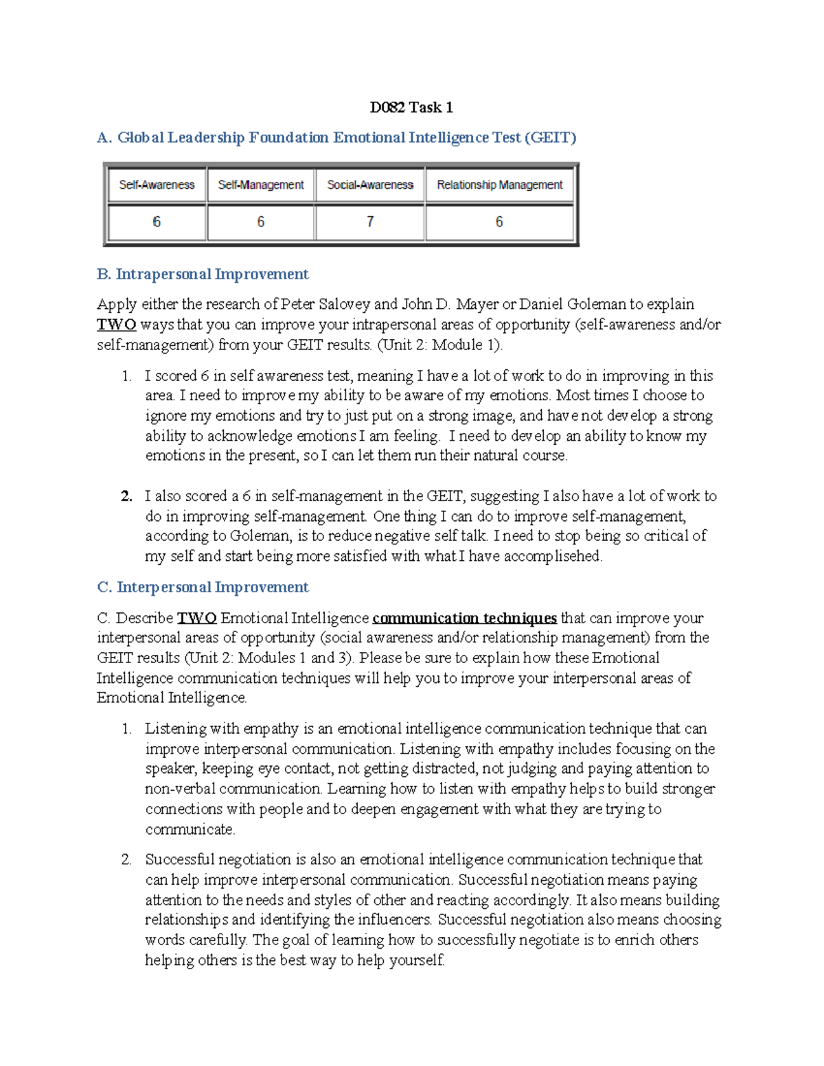 D082 Task 1 Emotional Intelligence Eval - D082 Task 1 A. Global ...