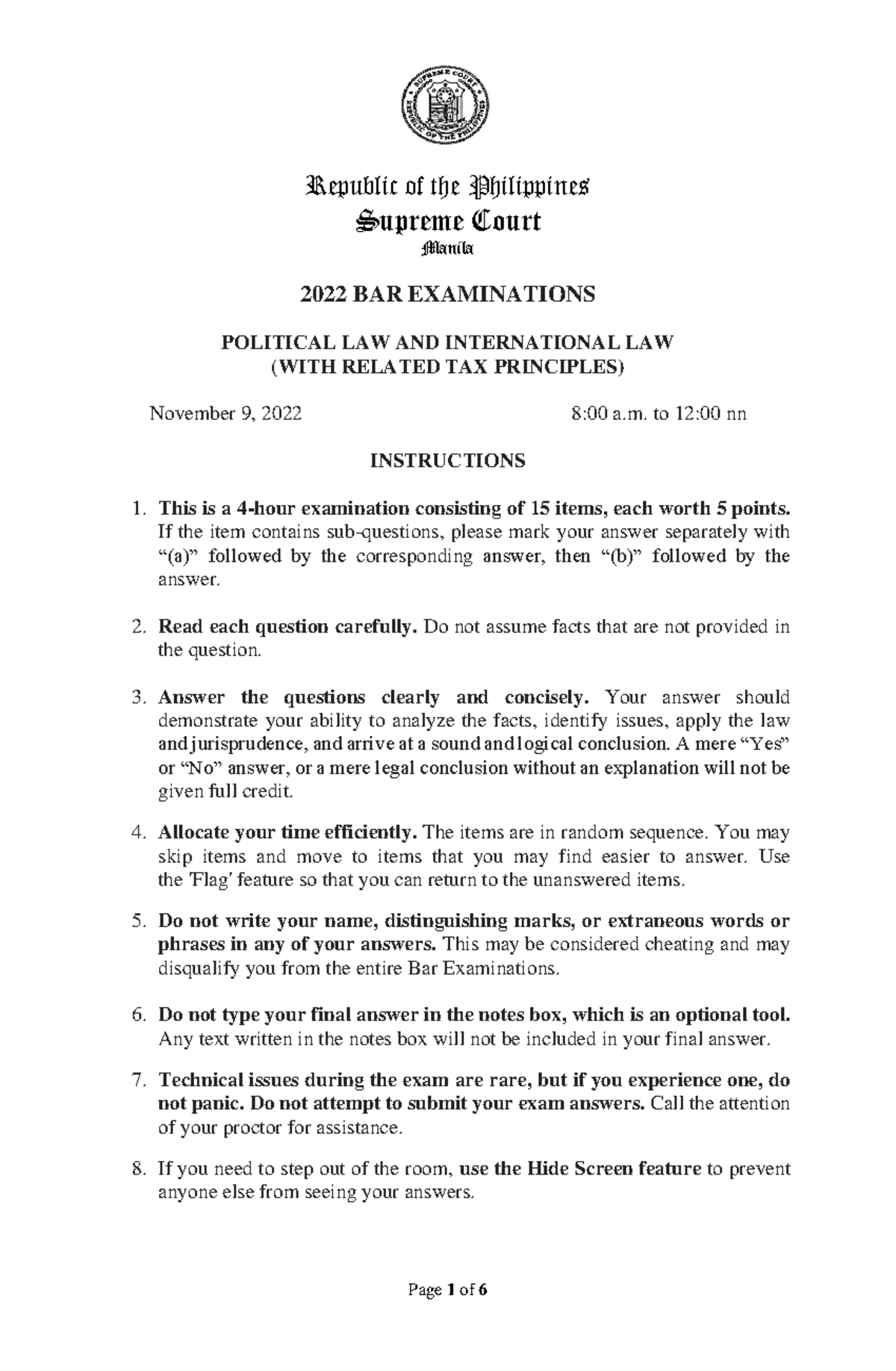 Political Law and International Law 2022 BAR EXAMINATIONS POLITICAL