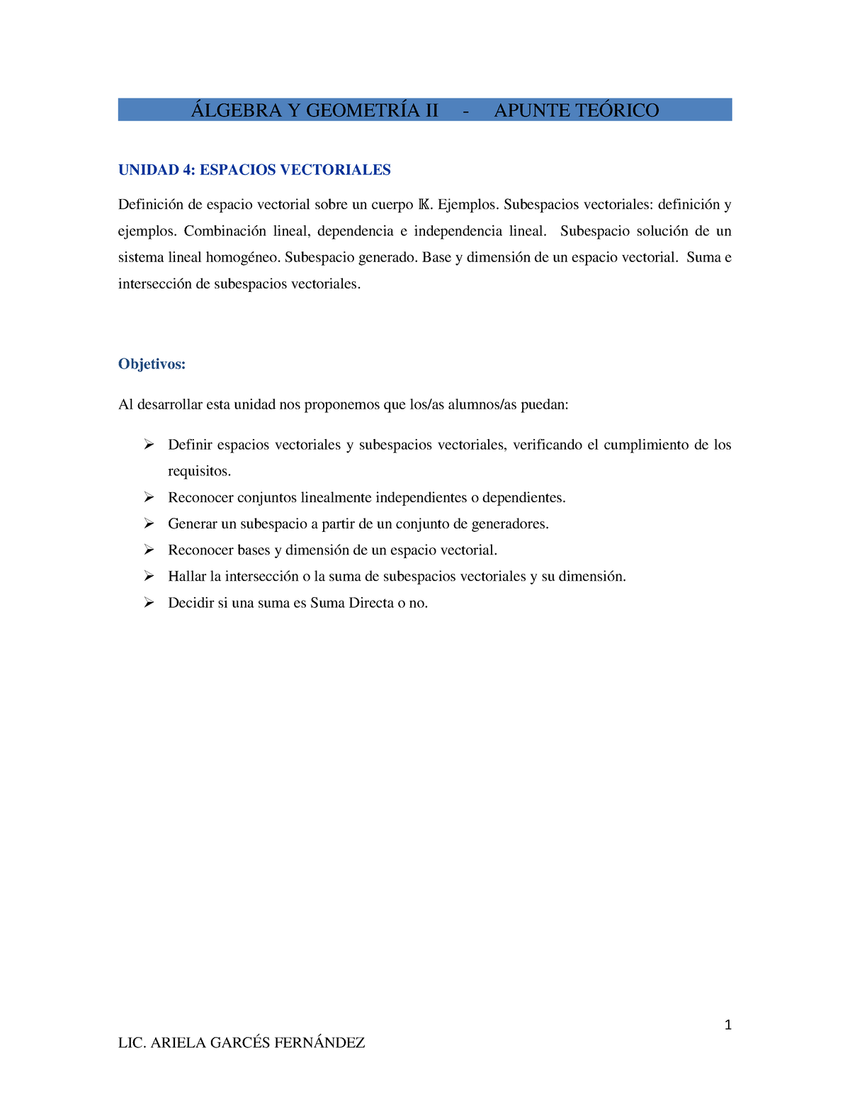 Espacios Vectoriales - Álgebra Y Geometría II (para Ingenieria.) - 1 ...