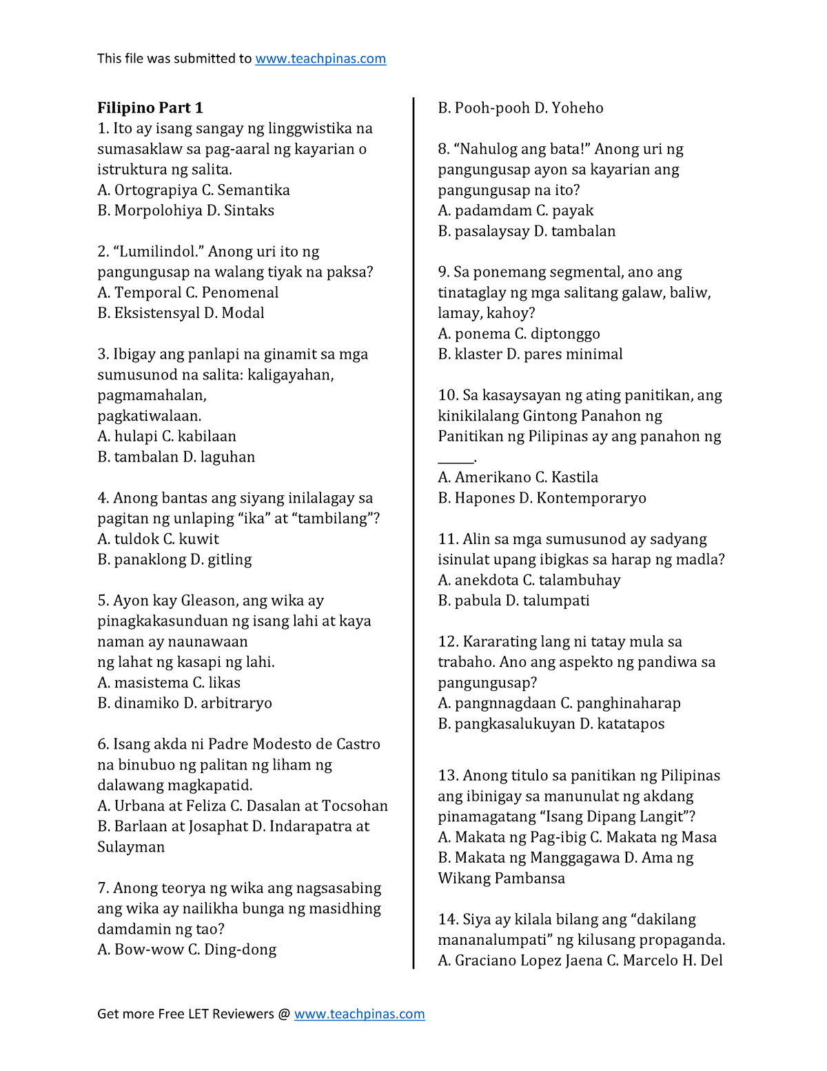 Part 1 Filipino - This serves as a practice materials in reviewing for ...