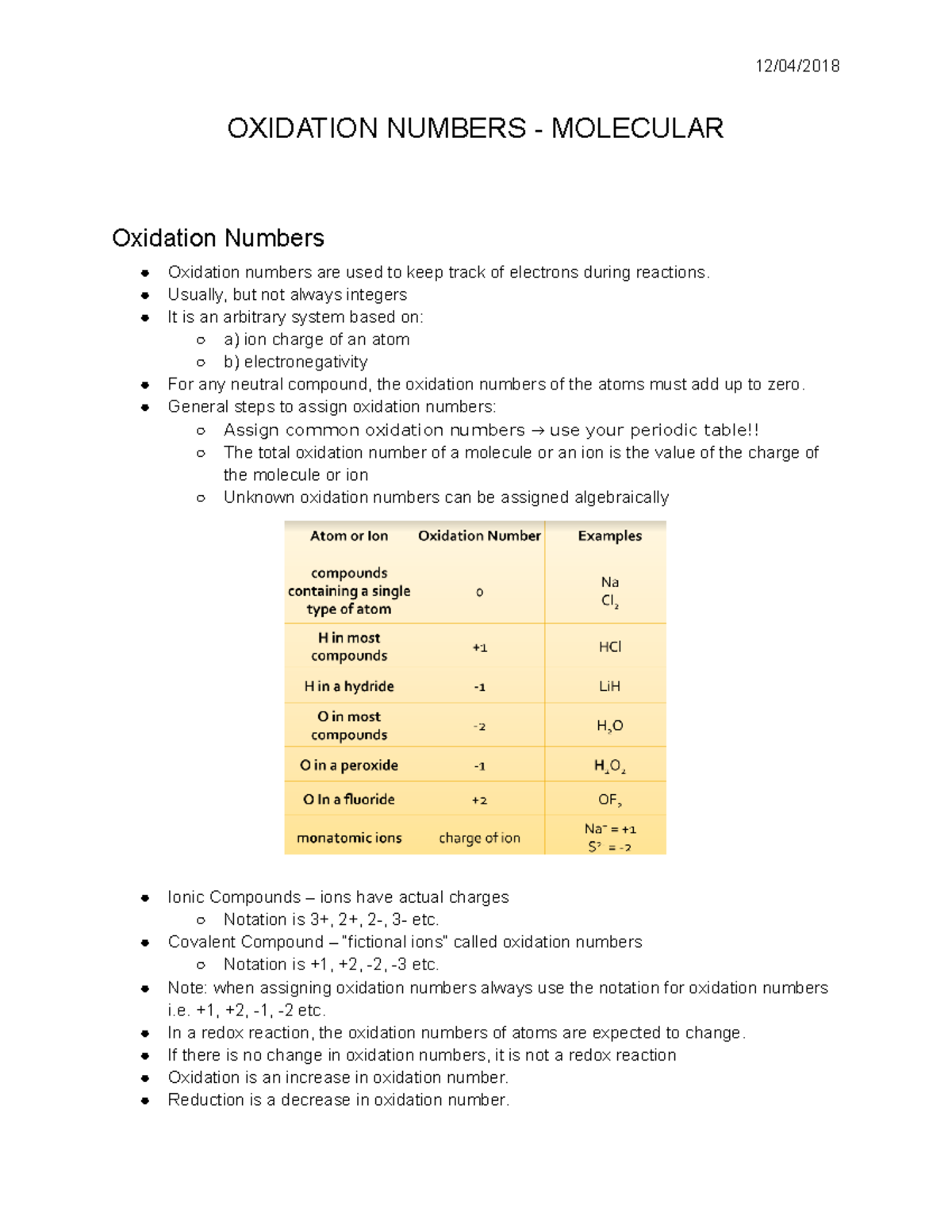 9.3 Oxidation Numbers - Molecular - 12/04/ OXIDATION NUMBERS ...
