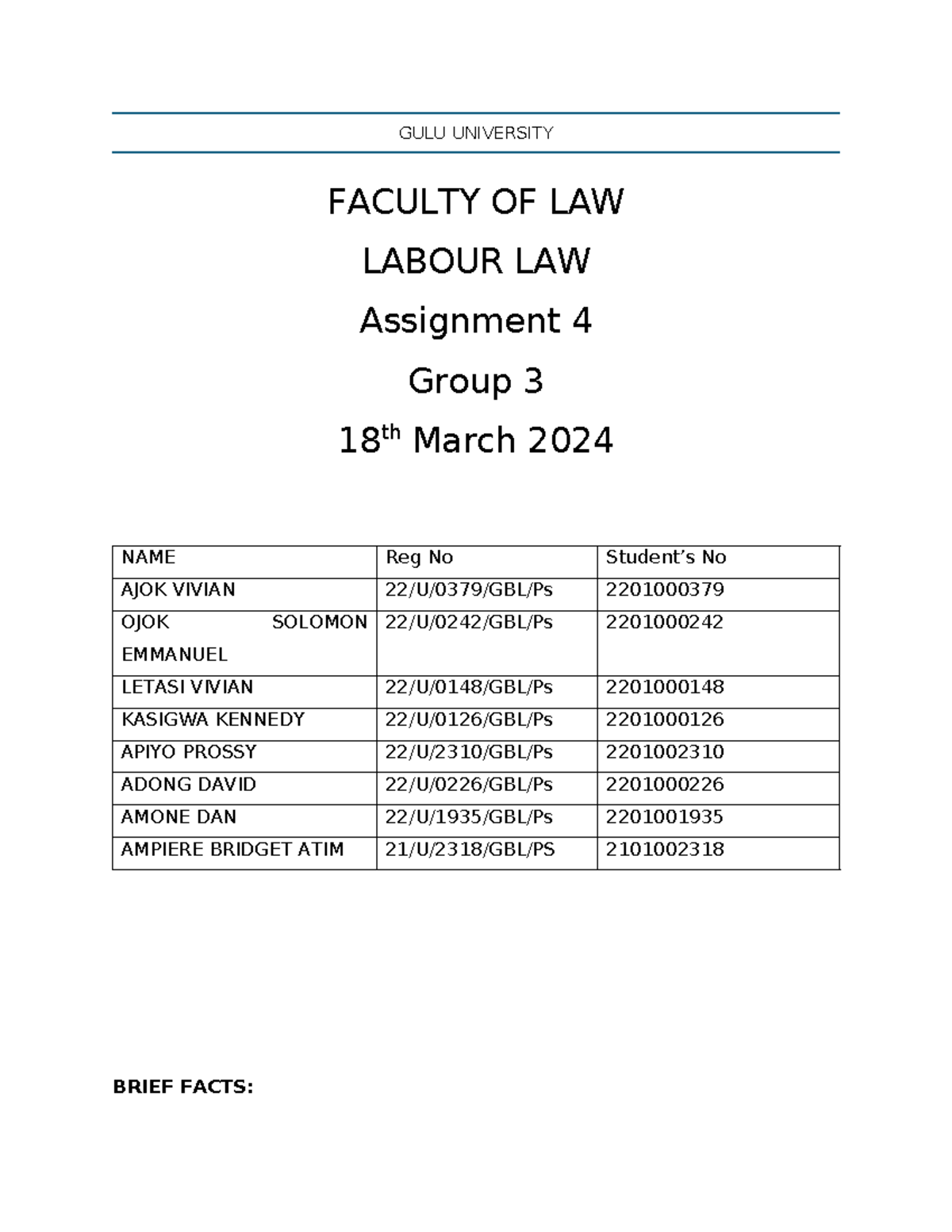 Group 3 labour viv - GULU UNIVERSITY FACULTY OF LAW LABOUR LAW ...