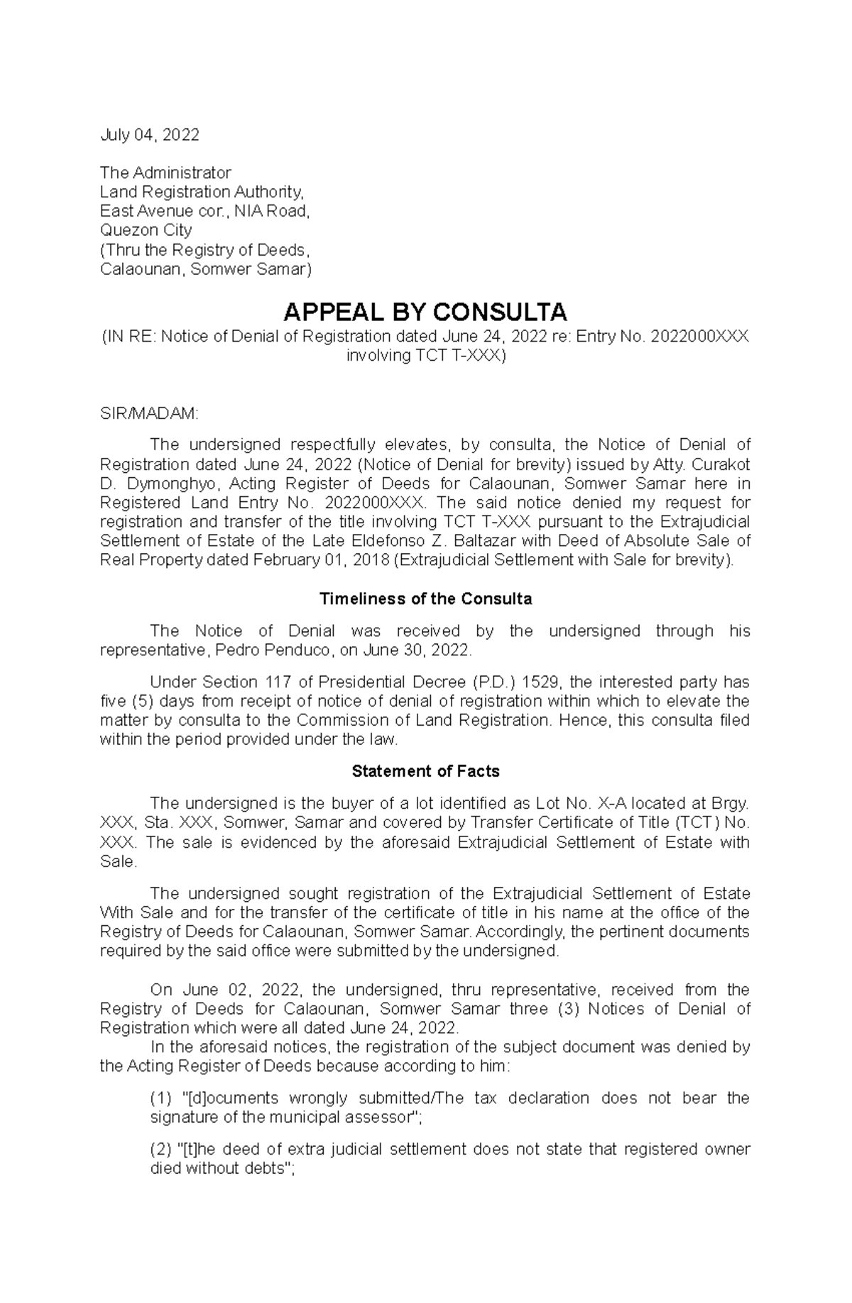 LRA Consulta (Juan de la Cruz) - July 04, 2022 The Administrator Land ...