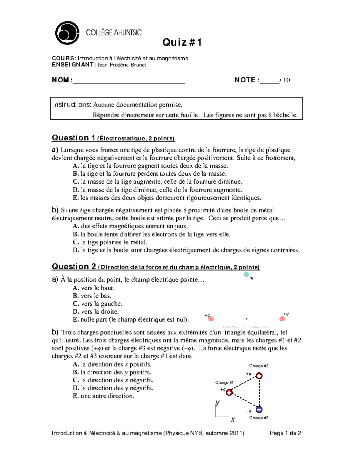 Quiz #1 - Test - Quiz # 1 COU RS: Introduction à L'électricité Et Au ...