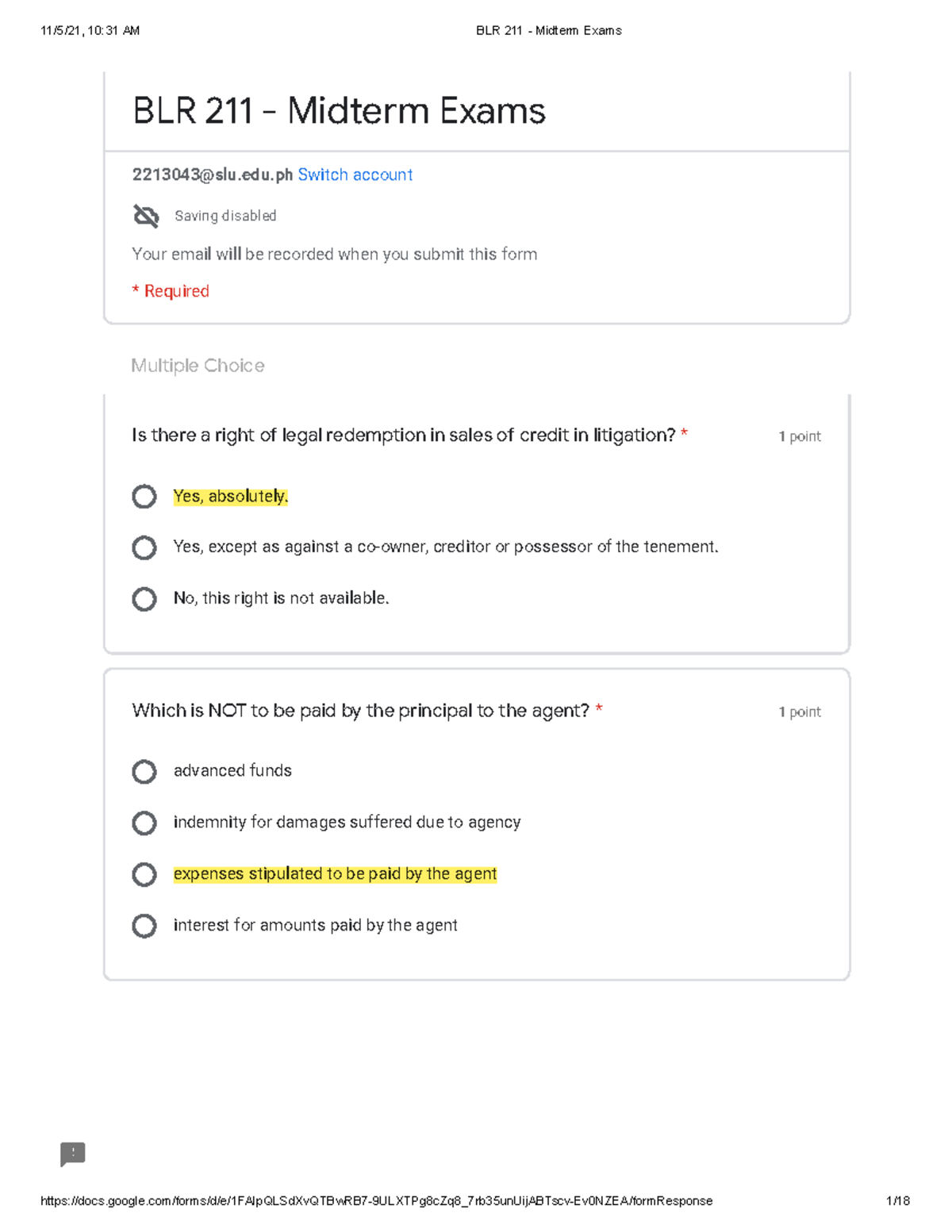 Blr 211 midterm exams 2 1 Multiple Choice 1 point Yes, absolutely