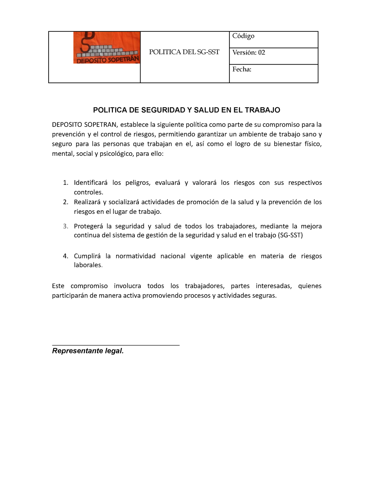 Politica De Seguridad Y Salud En El Trabajo Ejemplo Politica Del Sg