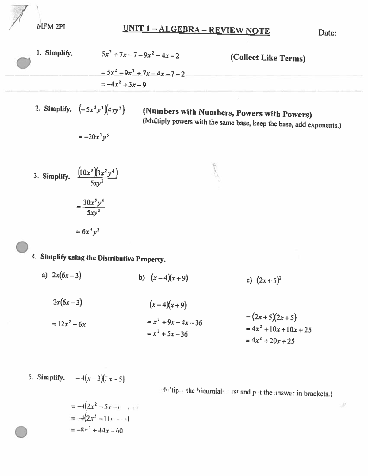 Final Exam Review Solutions - MFM2P1 UNIT 1-ALGEBRA - REVIEW NOTE Date ...