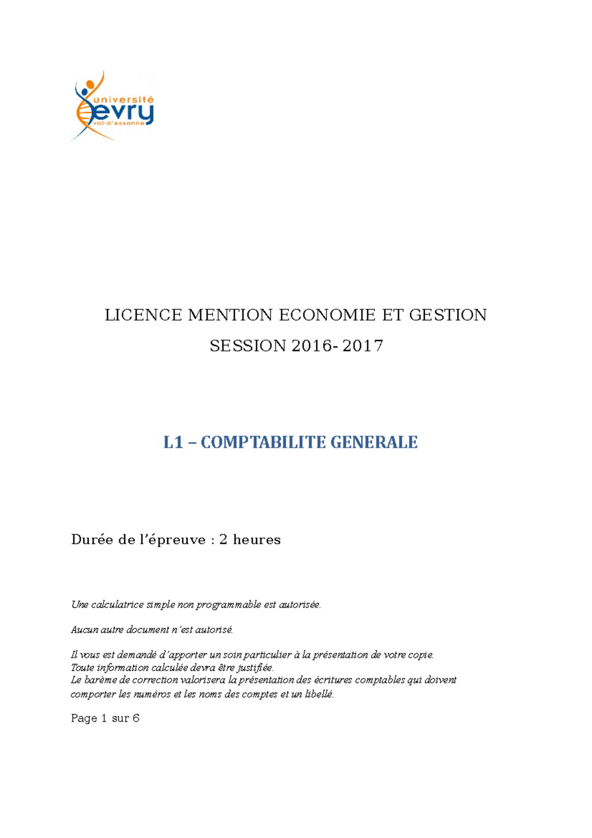 Partiel L1 Compta Mai 2017 +corrig Ã© - LICENCE MENTION ECONOMIE ET ...