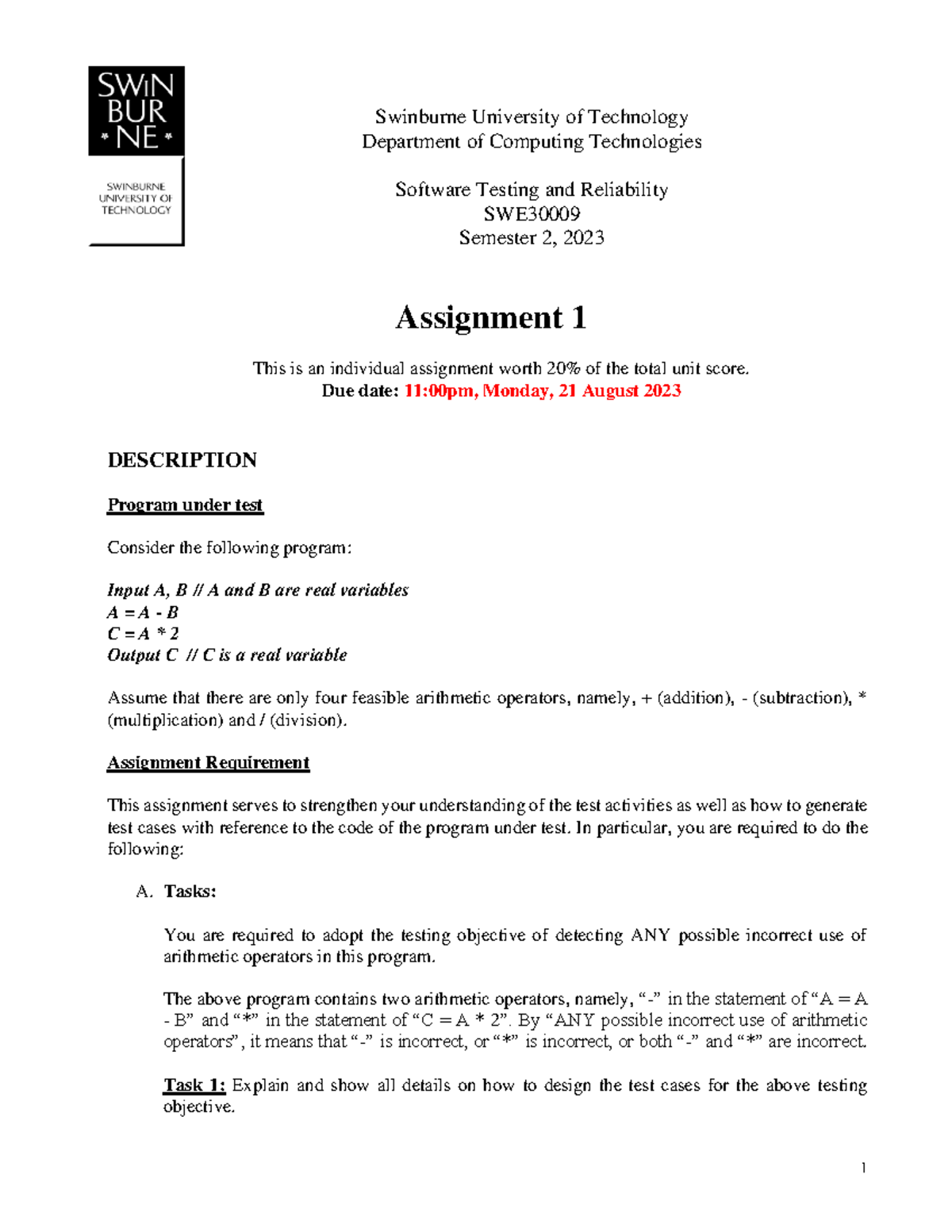 SWE30009 2023S2 - Assignment 1 - 1 Swinburne University of Technology ...