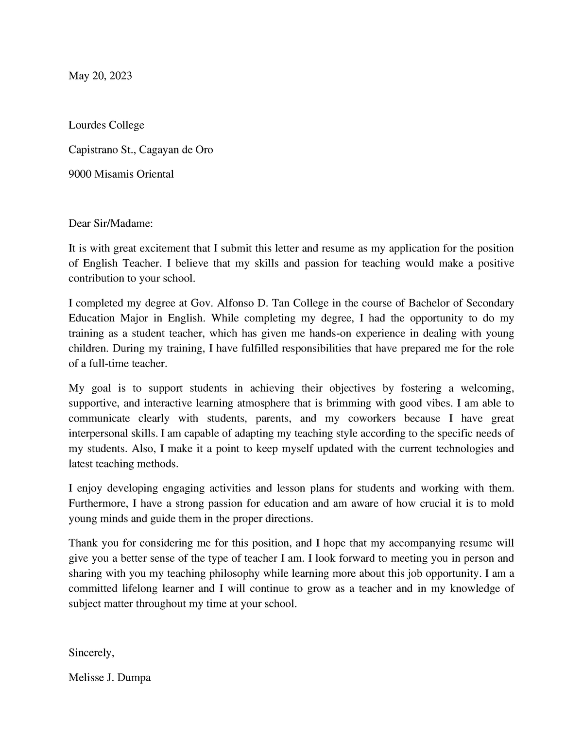 Coverletter - thanks - May 20, 2023 Lourdes College Capistrano St ...