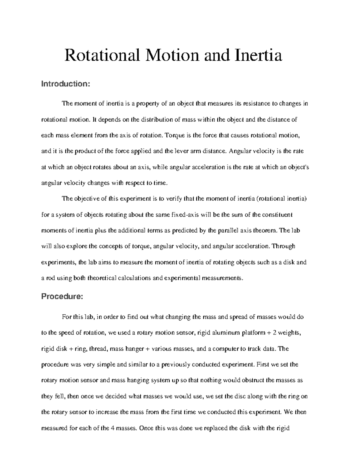 lab report experiment rotational motion of a rigid body