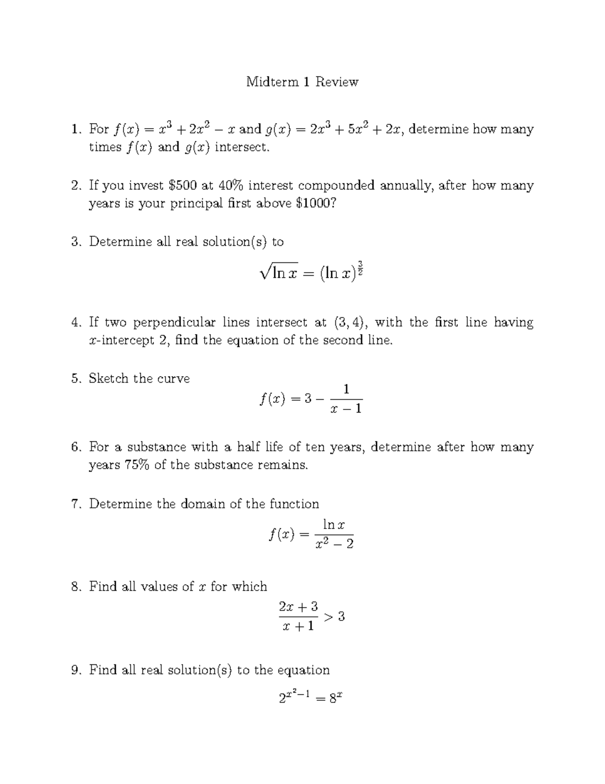 MT1Review - notes - Midterm 1 Review For f (x) = x 3 + 2x 2 − x and g(x ...