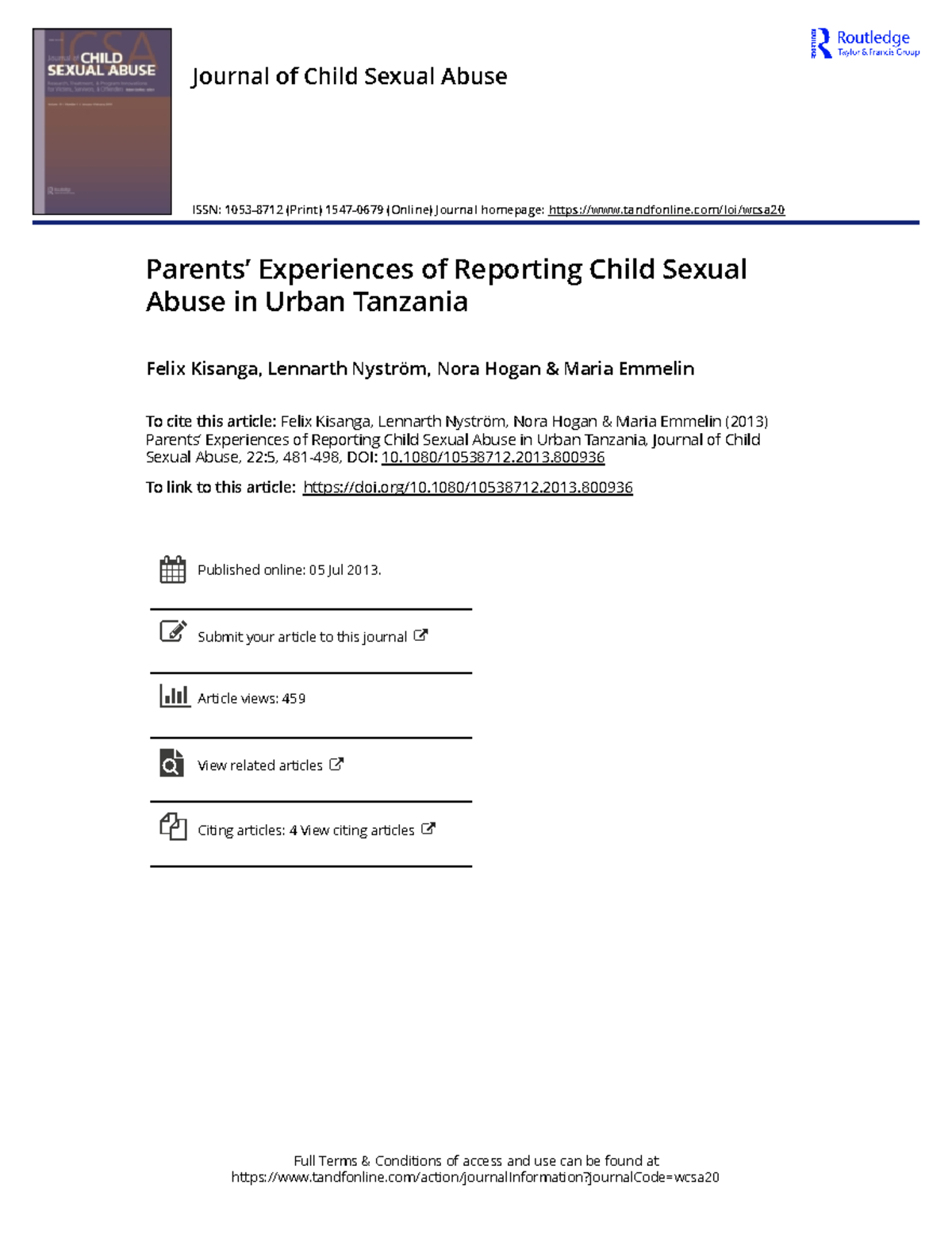 Parents Experiences of Reporting Child Sexual Abuse in Urban Tanzania ...