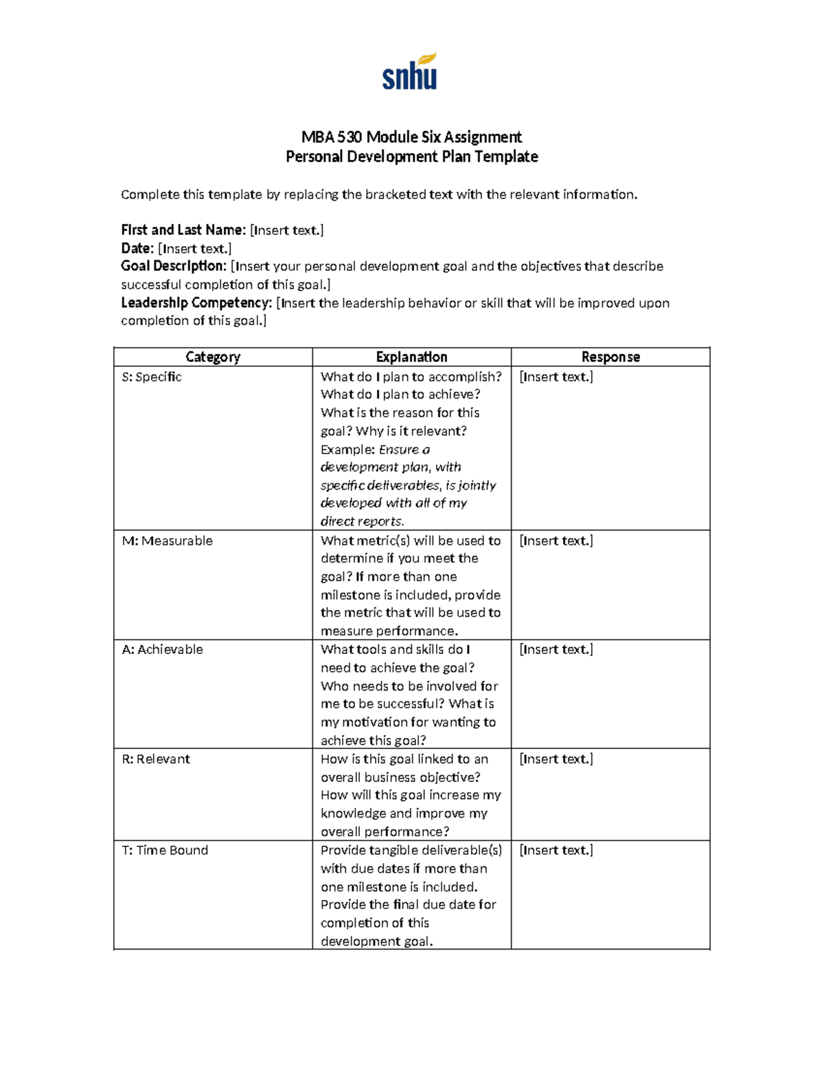 mba 530 module six assignment personal development plan template