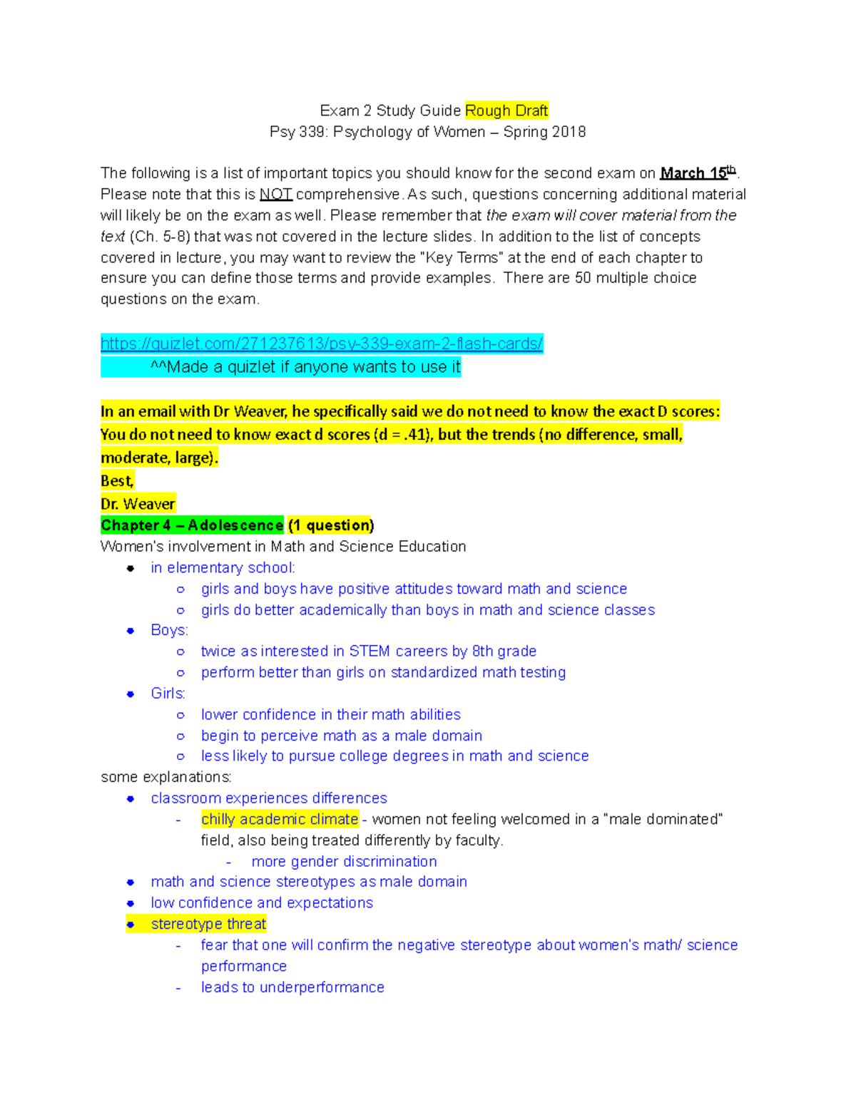 Exam 2 Study Guide - Exam 2 Study Guide Rough Draft Psy 339: Psychology ...