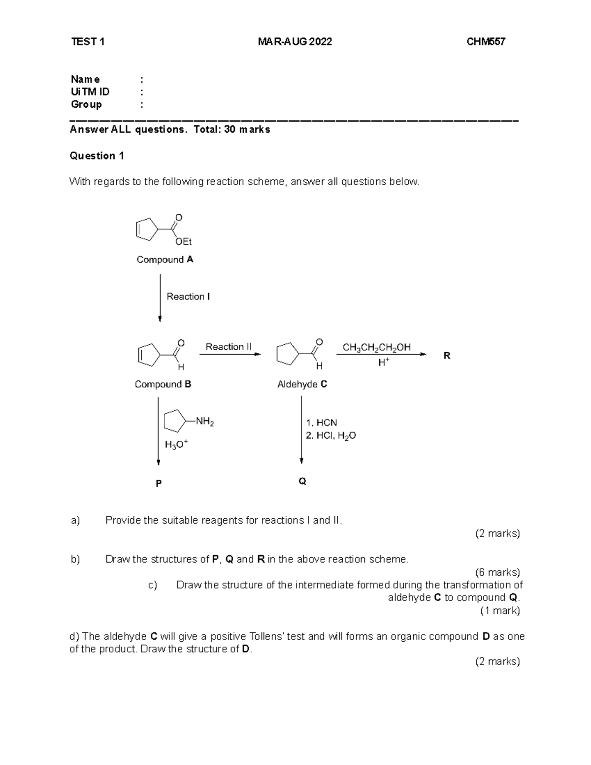 Question TEST 1 CHM557-MAR-AUG 2022 - TEST 1 MAR-AUG 2022 CHM Name ...