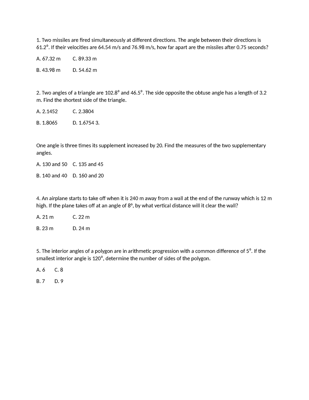 Arithmetic Problems - Two missiles are fired simultaneously at ...