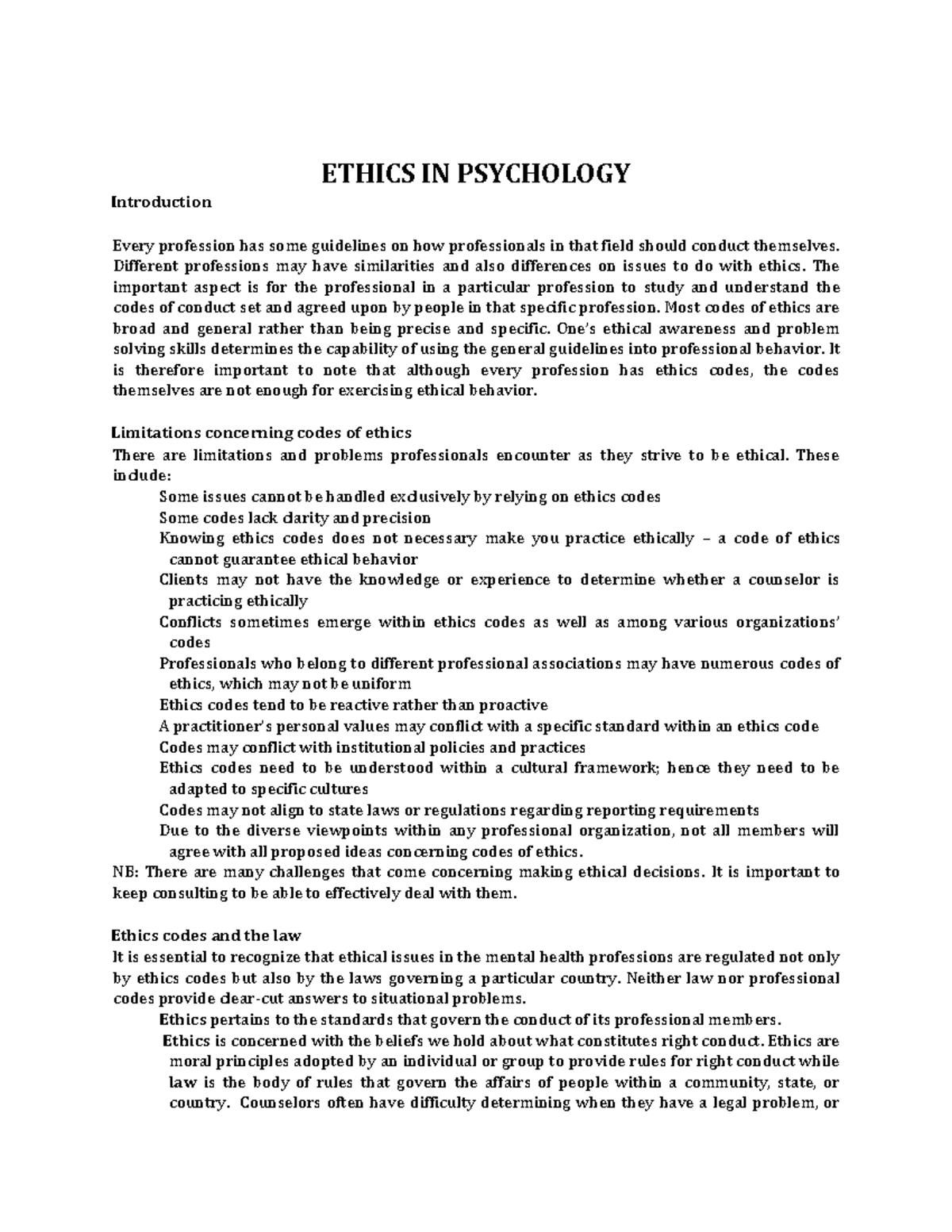 Introduction - Ethics IN Psychology - ETHICS IN PSYCHOLOGY Introduction ...