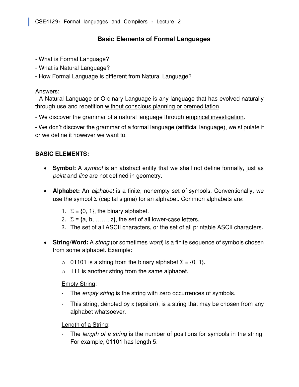 2. LN2 FL1 Basic Elements Of FL L2 - CSE4129: Formal Languages And ...