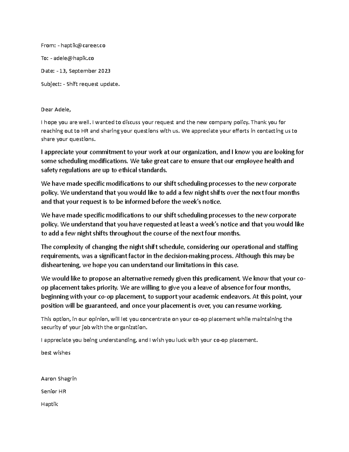 Negative Message Email - From: - haptik@career To: - adele@hapik Date ...
