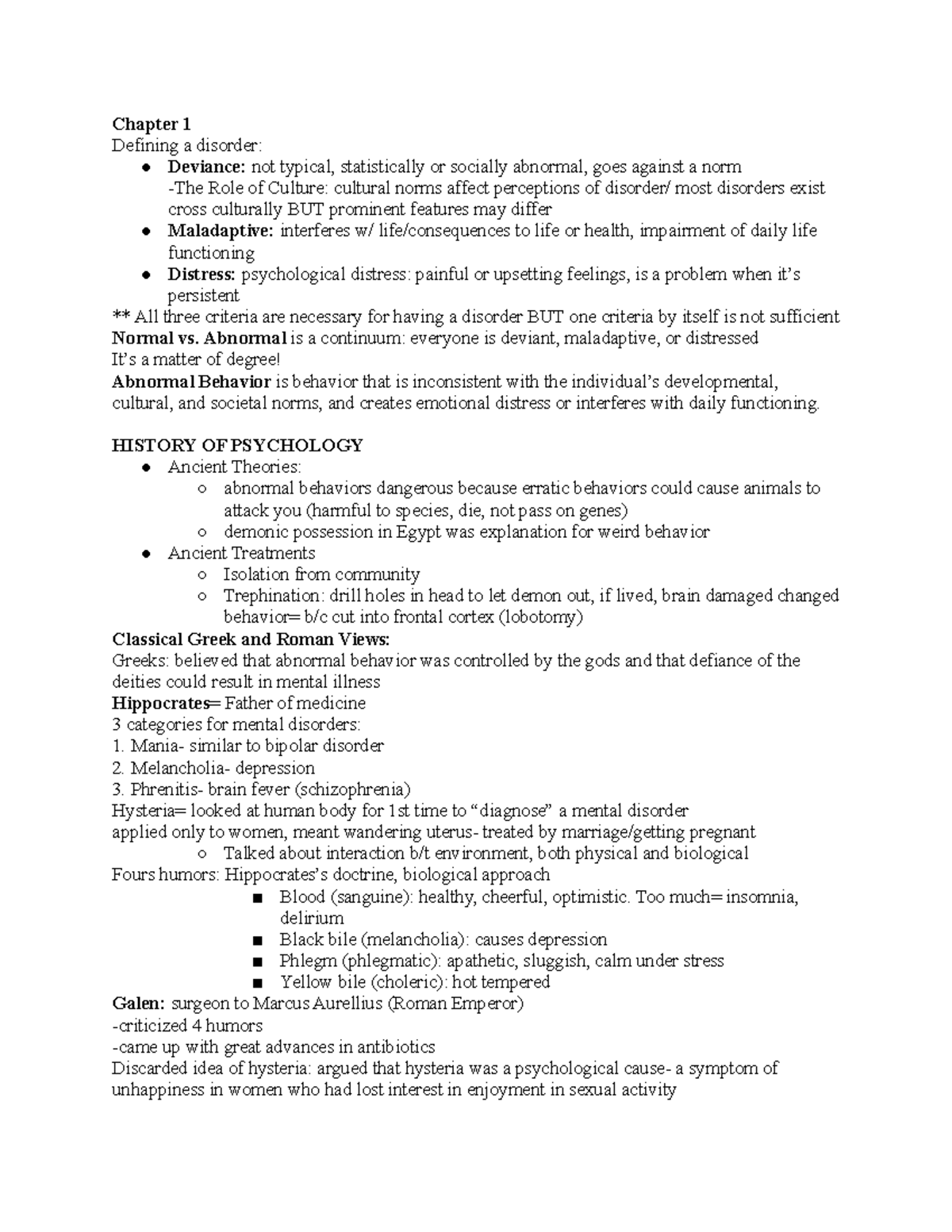 EXAM 1 Study Guide - Chapter 1 Defining a disorder: Deviance: not ...