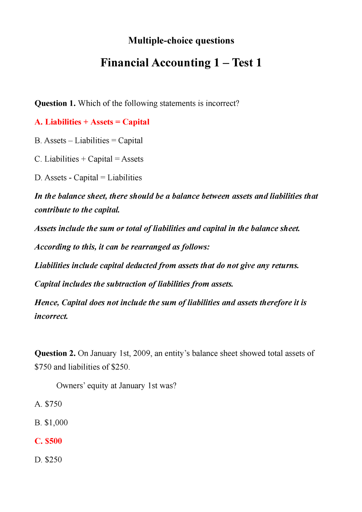 Financial Accounting 1 - Test 1 MCQs Key - Multiple-choice Questions ...