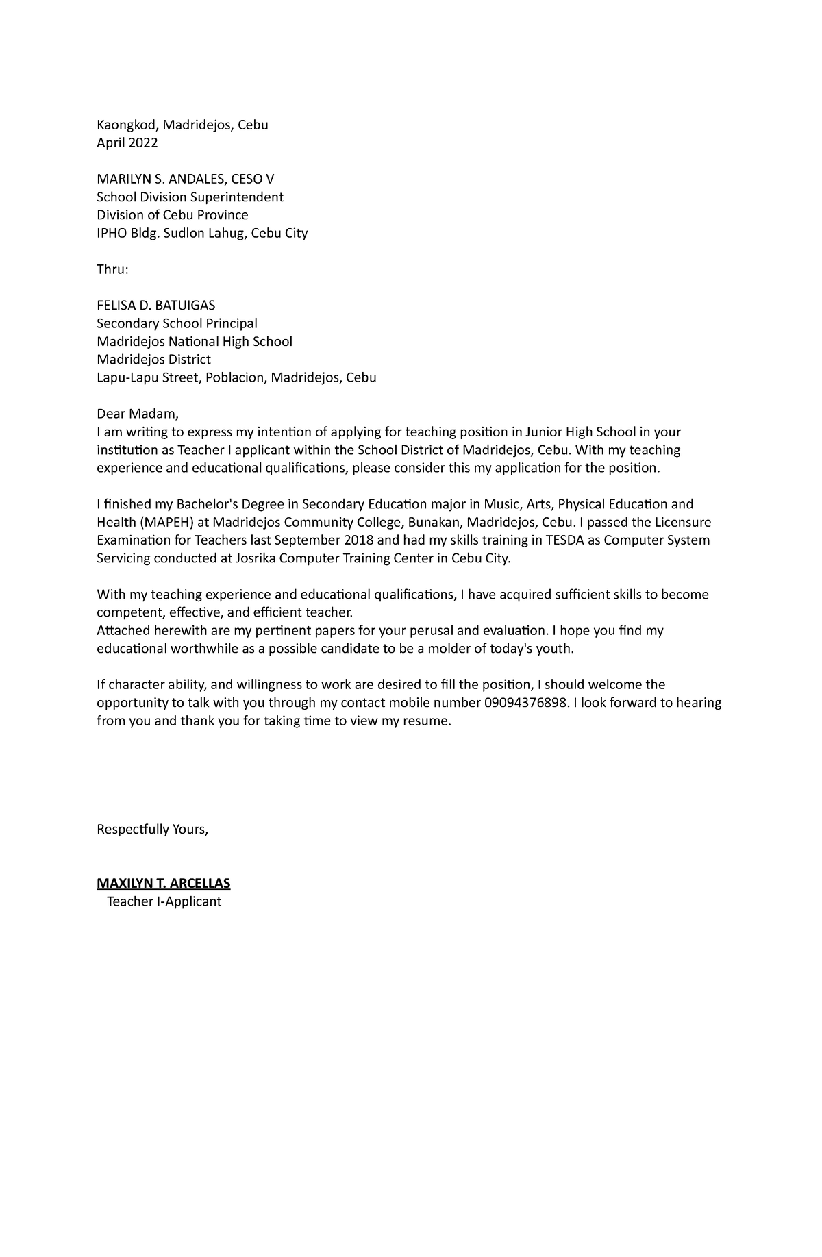 Application Letter 2022 - Kaongkod, Madridejos, Cebu April 2022 MARILYN ...