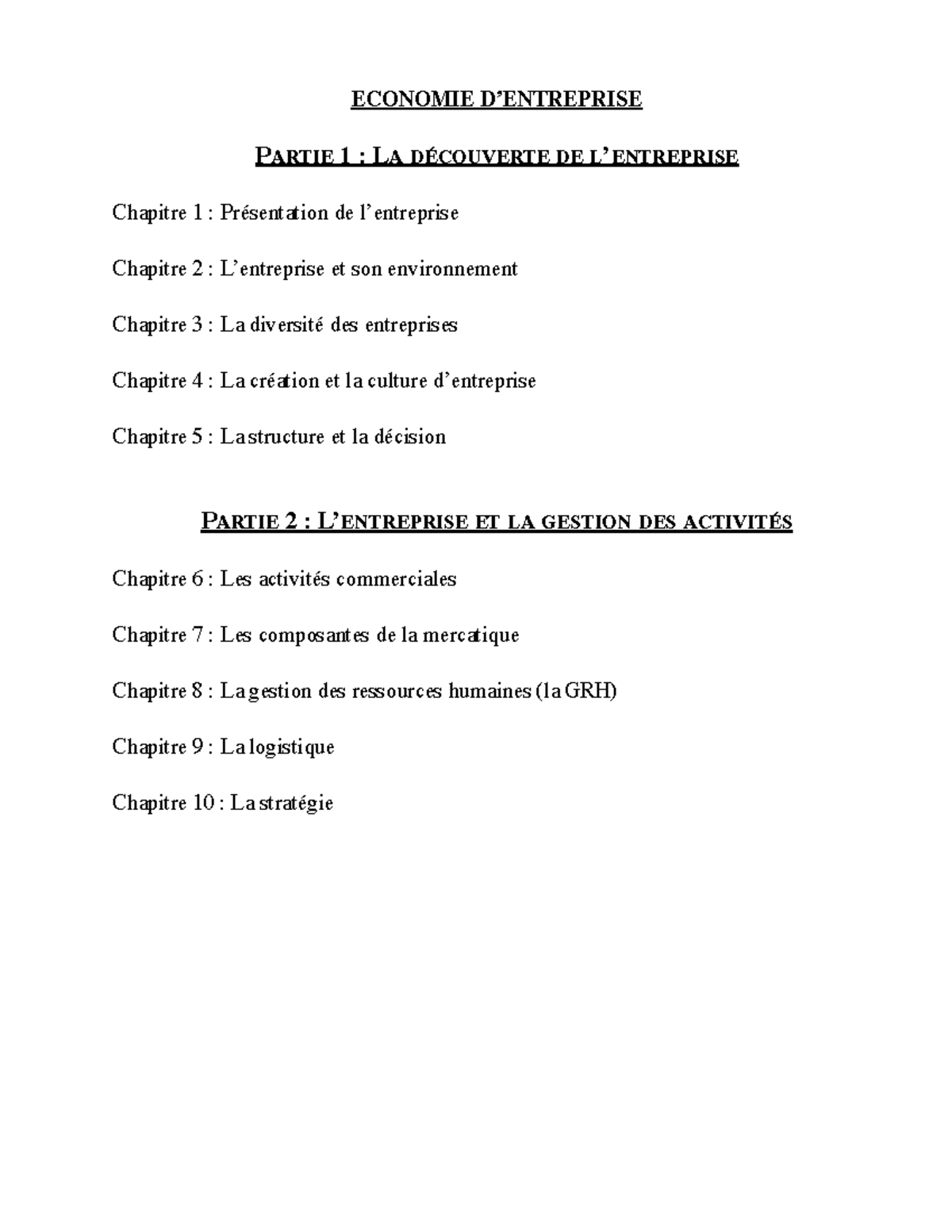 Cours d'Économie  Économie d'Entreprise  ECONOMIE D’ENTREPRISE PARTIE