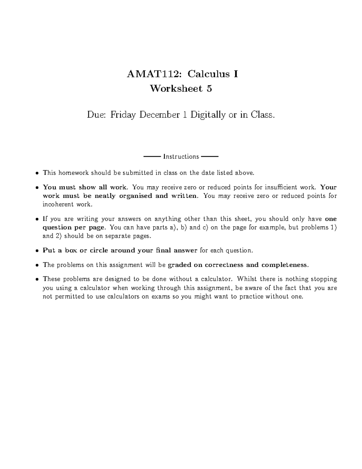 AMAT Coordinated Calculus Courses - AMAT112: Calculus I Worksheet 5 Due ...