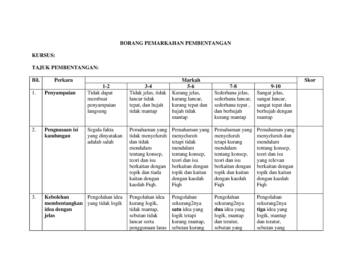 Rubrik Pembentangan - BORANG PEMARKAHAN PEMBENTANGAN KURSUS: TAJUK ...
