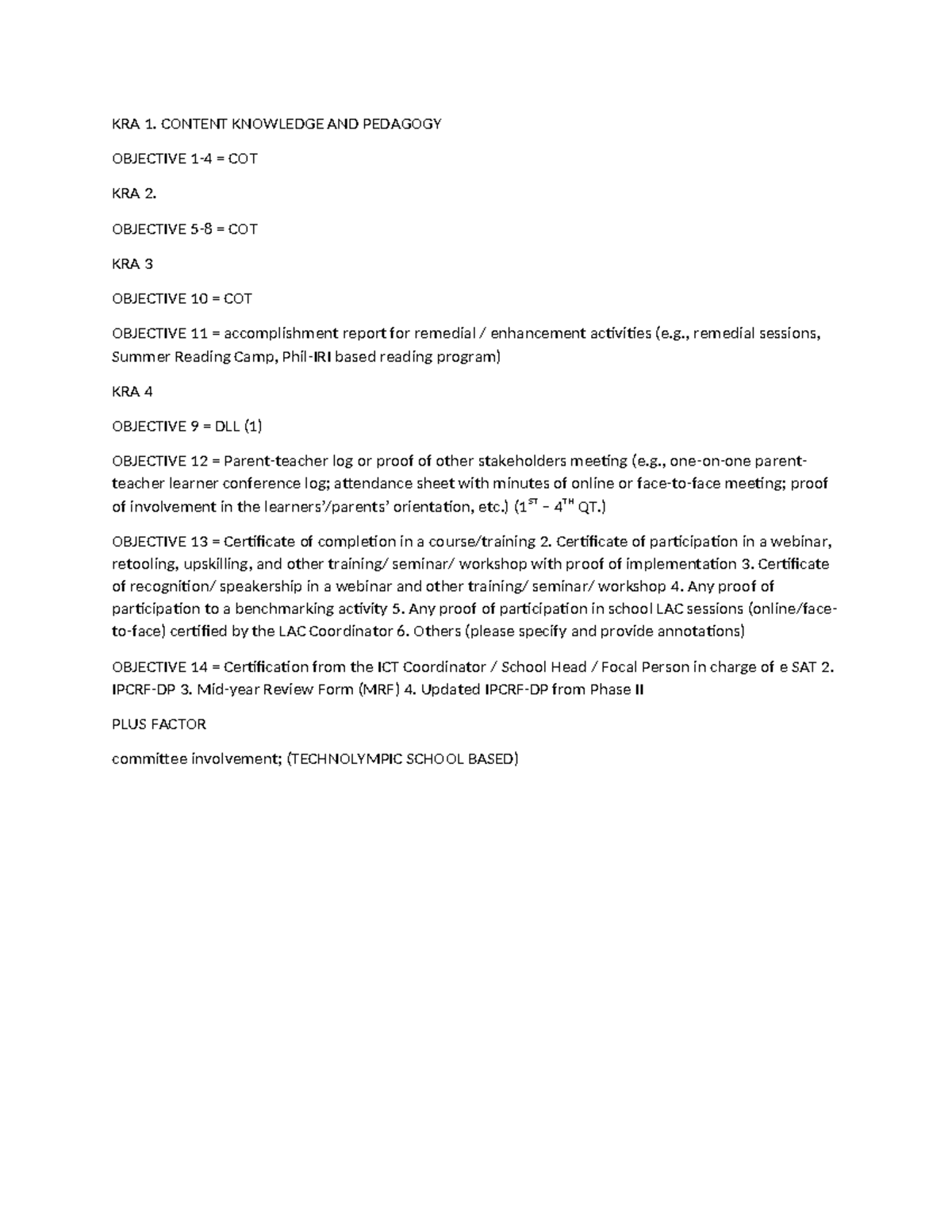 KRA 1 - kjvbkjdvns - KRA 1. CONTENT KNOWLEDGE AND PEDAGOGY OBJECTIVE 1 ...