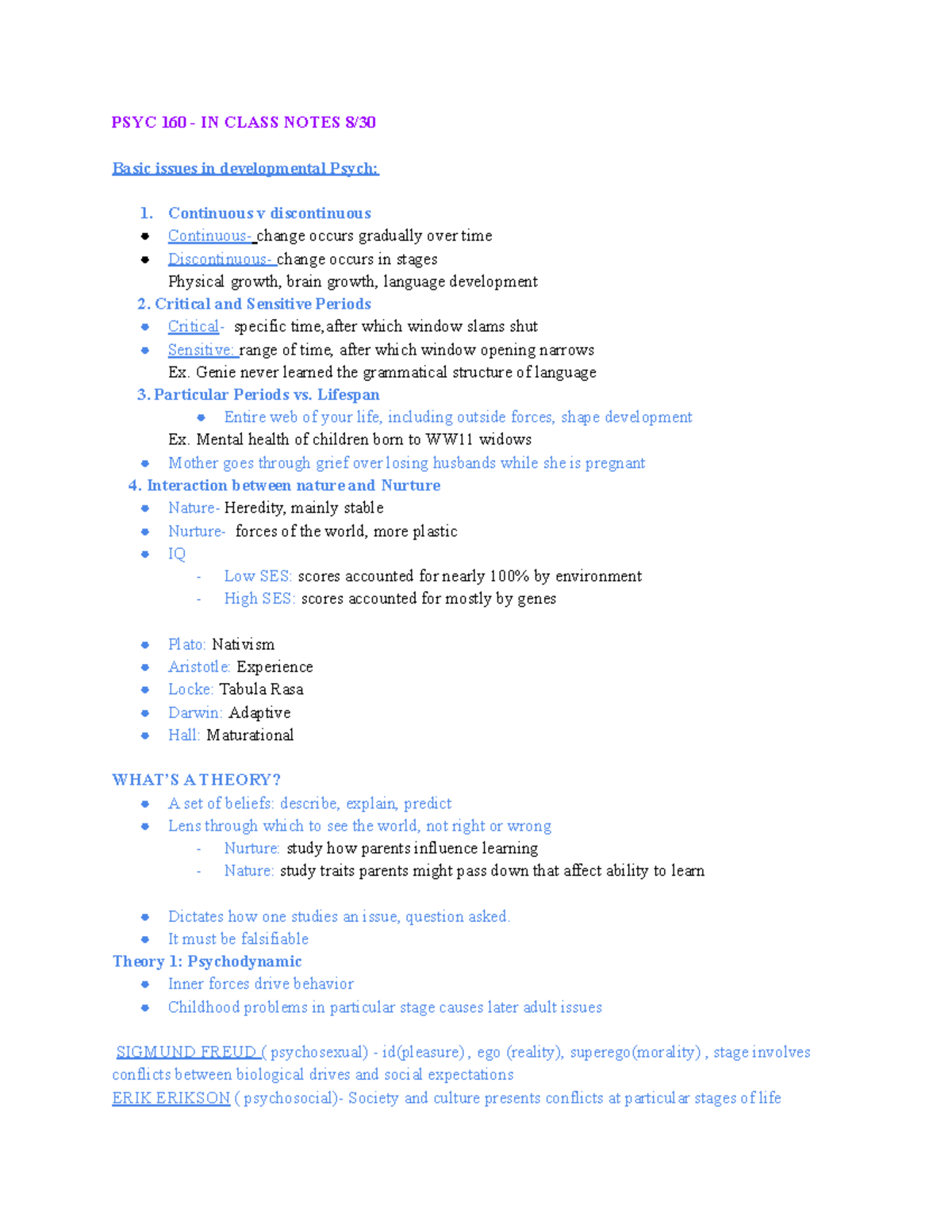 Lecture 1 - Professor Kondrad - PSYC 160 - IN CLASS NOTES 8/ Basic ...