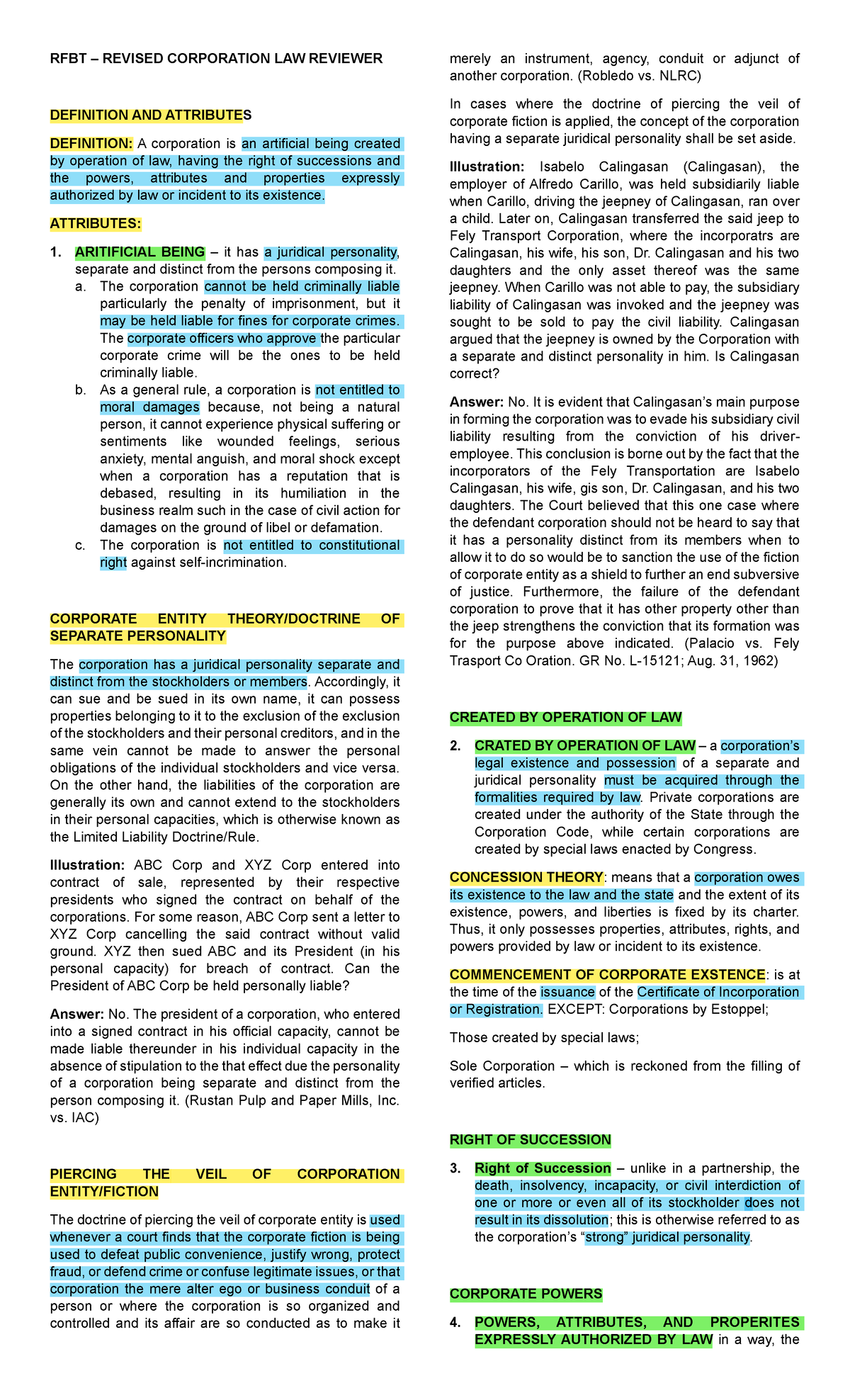 RFBT - Corp Code summarize - RFBT – REVISED CORPORATION LAW REVIEWER ...