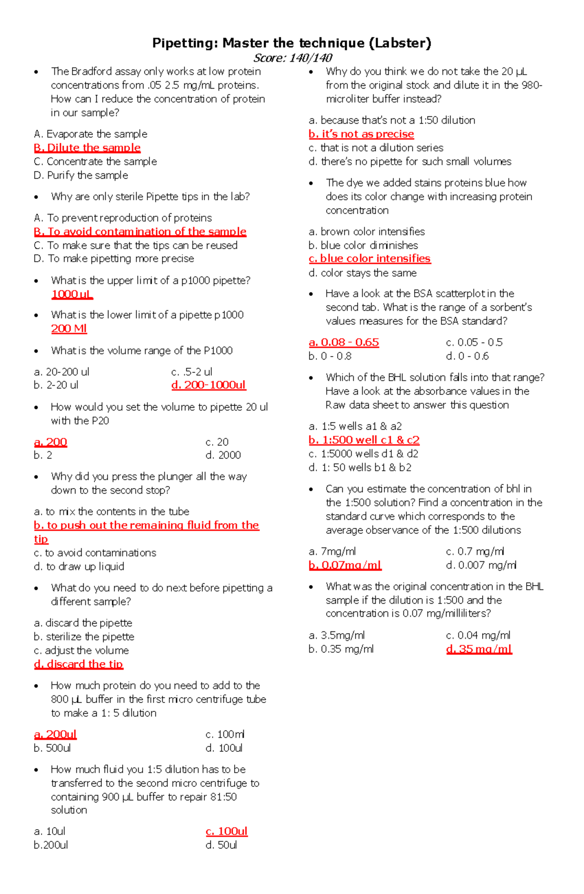 Pipetting Master the technique (Labster) 05 2 mg/mL proteins. How can I reduce the