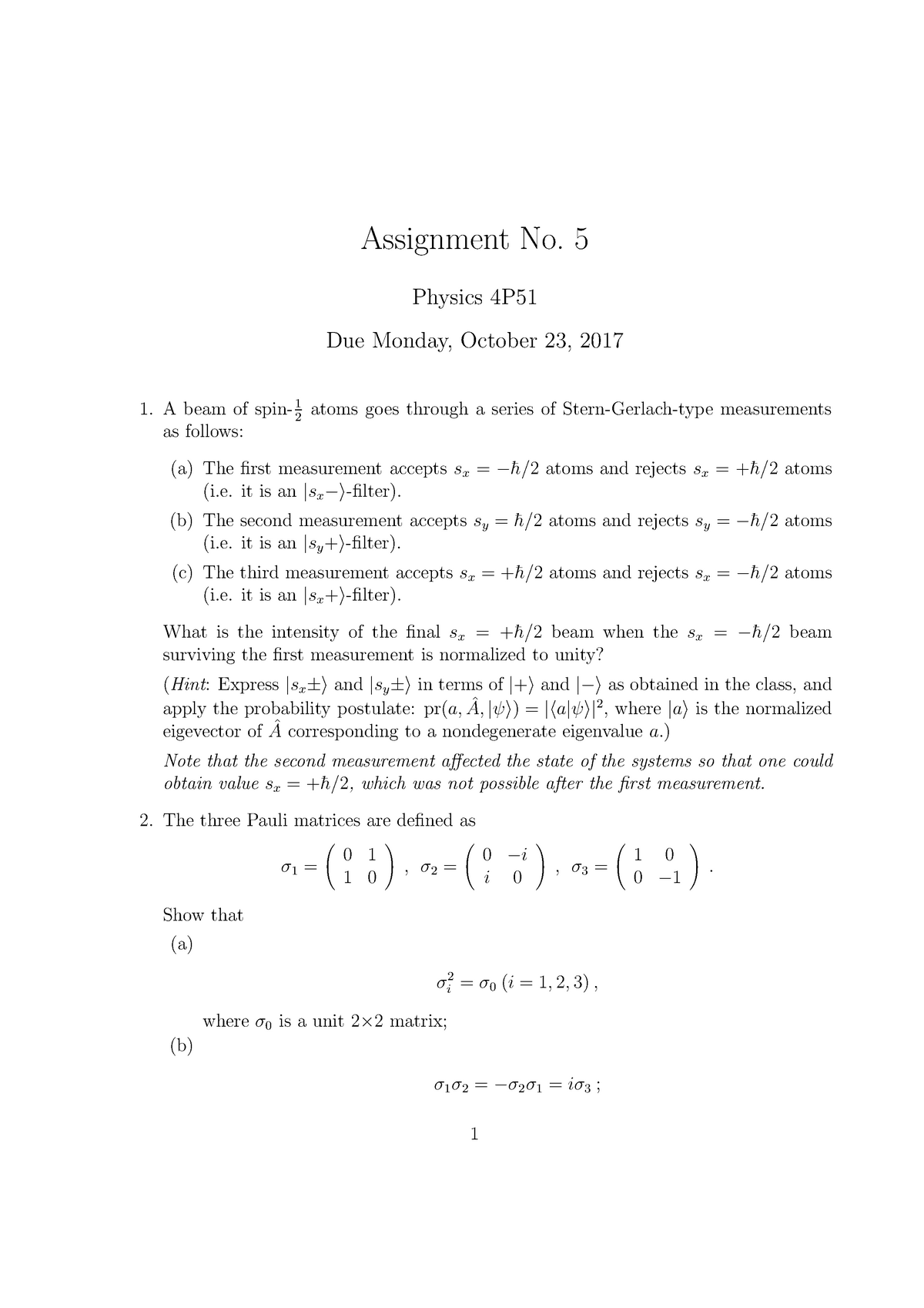 assignment on quantum mechanics