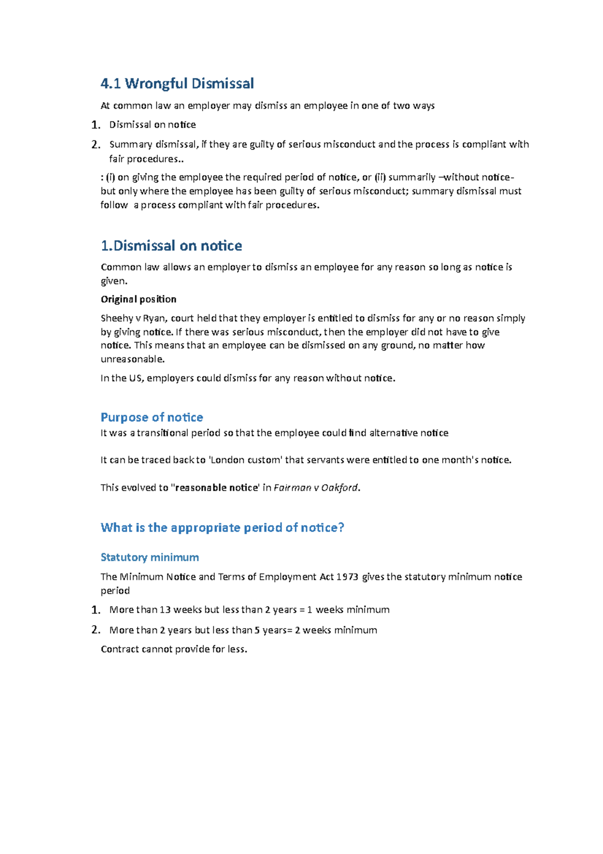 Wrongful Dismissal - Lecture notes - 4 Wrongful Dismissal At common law ...