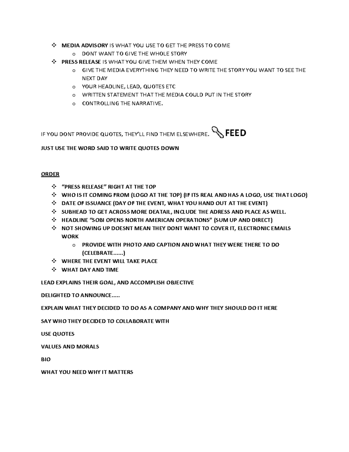 Press Release Notes - MEDIA ADVISORY IS WHAT YOU USE TO GET THE PRESS ...