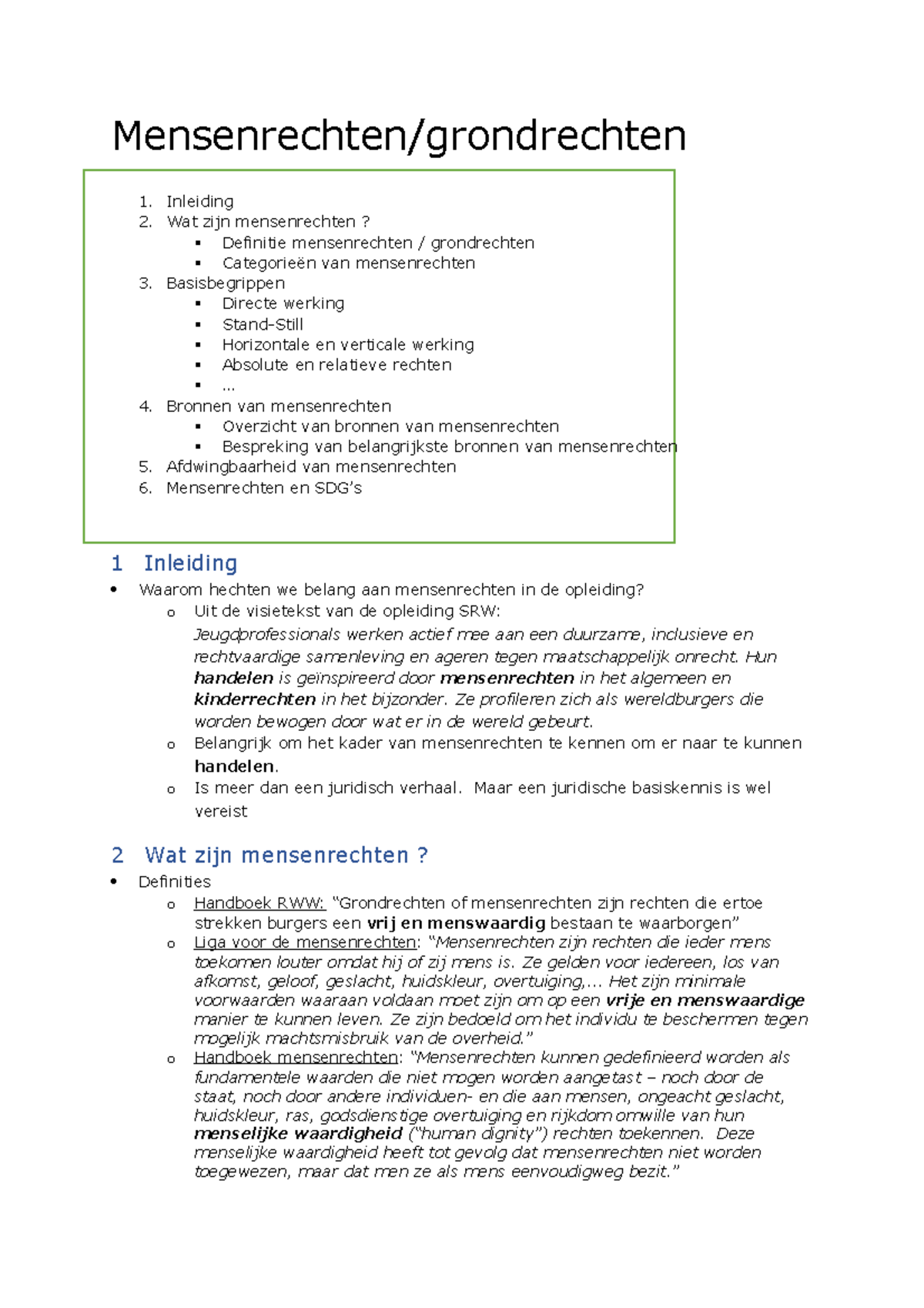 Samenvatting Mensenrechten - Mensenrechten/grondrechten 1. Inleiding 2 ...