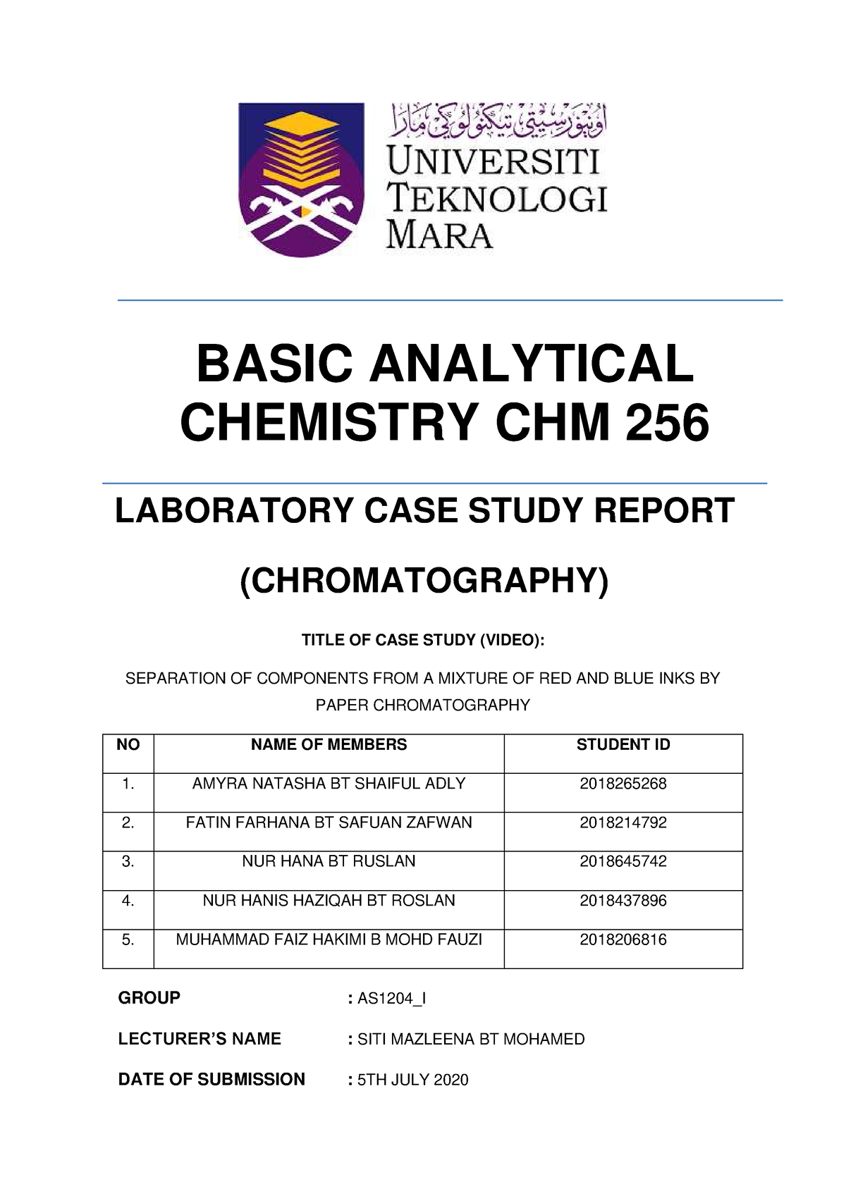 CHM 256 Laboratory CASE Study Report CHR - BASIC ANALYTICAL CHEMISTRY ...