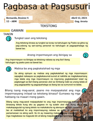 Pagbasa at Pagsusuri - Gawain 1 Filipino at Pagbasa - ARCB 101 - TAMU ...