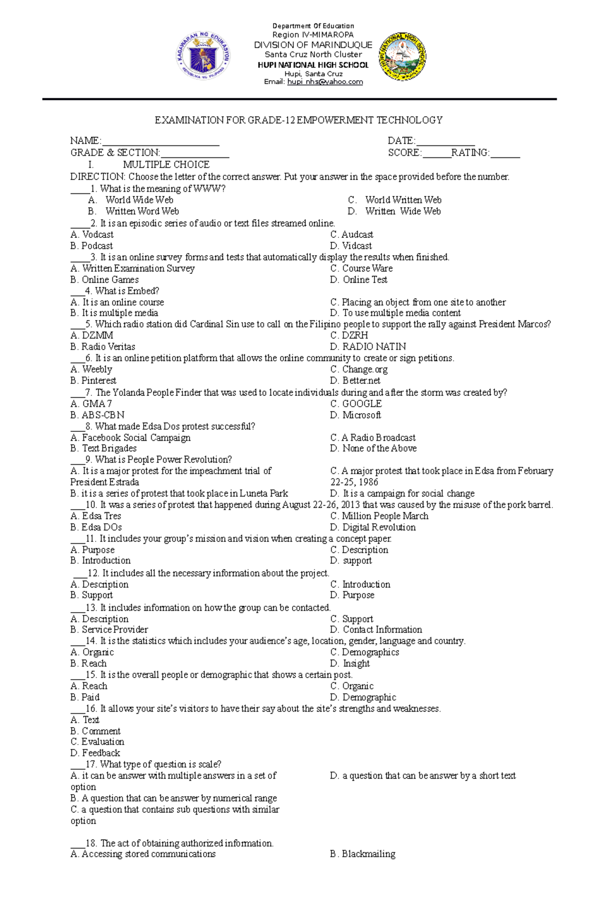 Examination FOR Grade 12 - Department Of Education Region IV-MIMAROPA ...